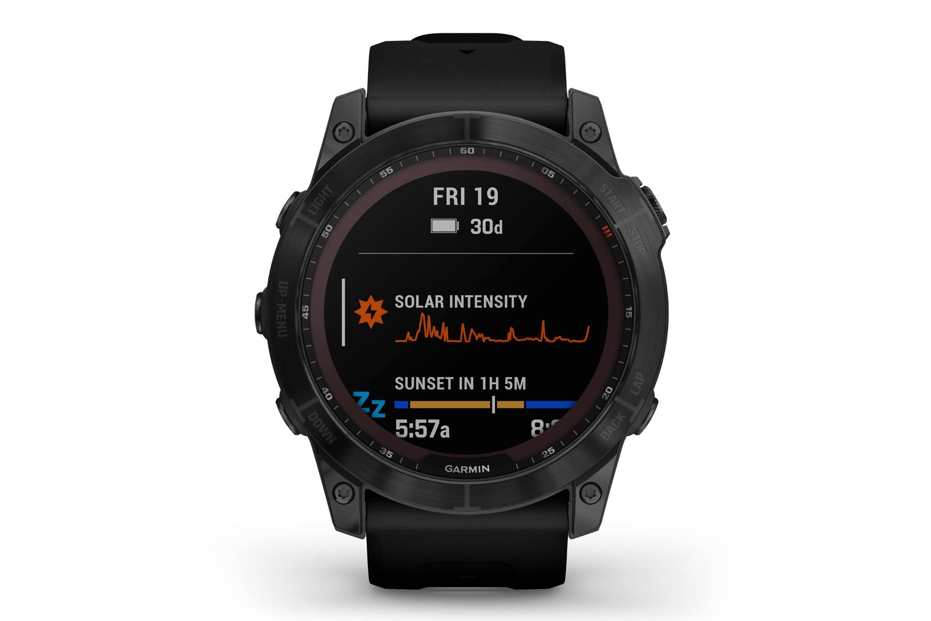 نمای روبرو ساعت هوشمند گارمین فنیکس Garmin Fenix 7X Sapphire Solar مشکی