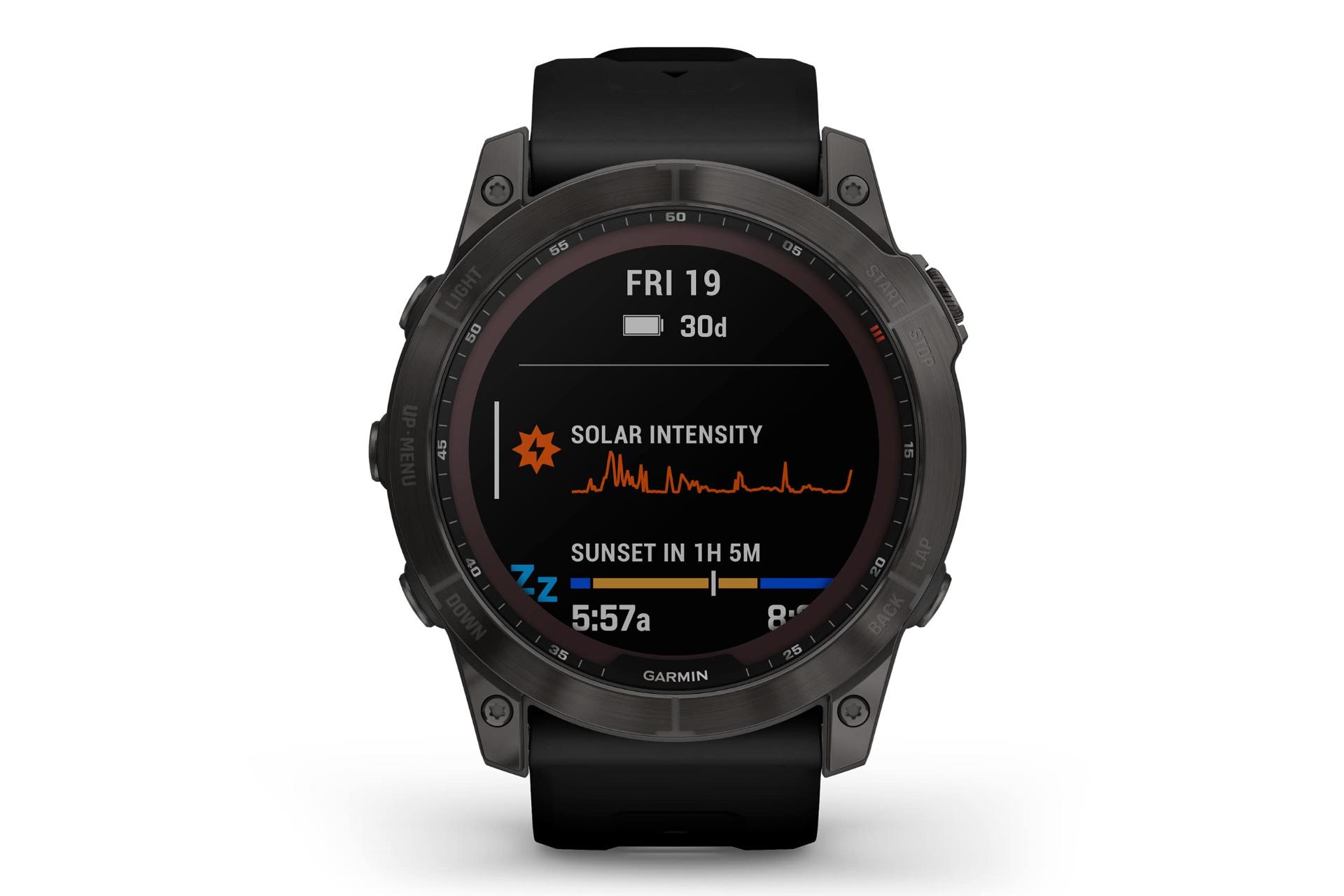 نمای روبرو ساعت هوشمند گارمین فنیکس Garmin Fenix 7X Sapphire Solar خاکستری تیره