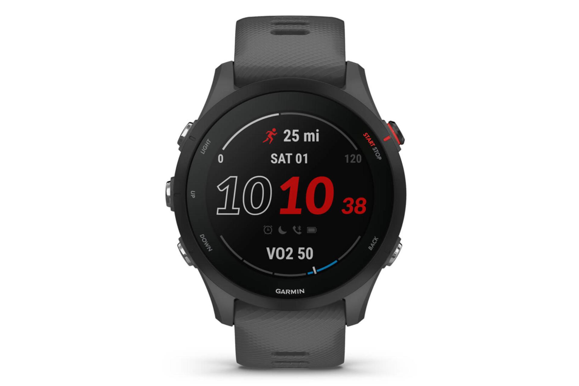 نمای روبرو ساعت هوشمند گارمین Garmin Forerunner 255S 46mm مدل 46 میلی‌متری خاکستری تیره