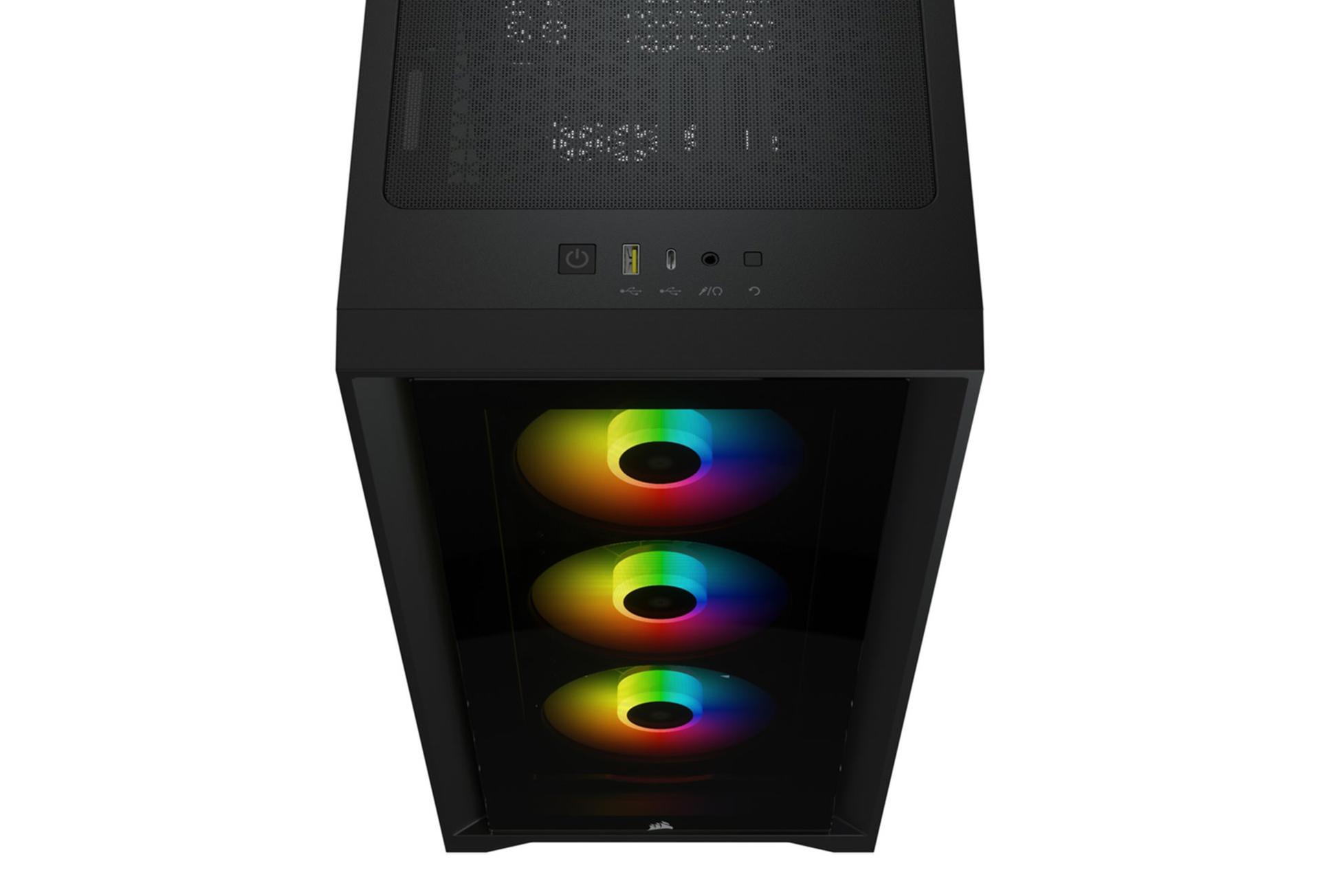 نمای پورت های بالای کیس کامپیوتر کورسیر iCUE 4000X RGB Tempered Glass