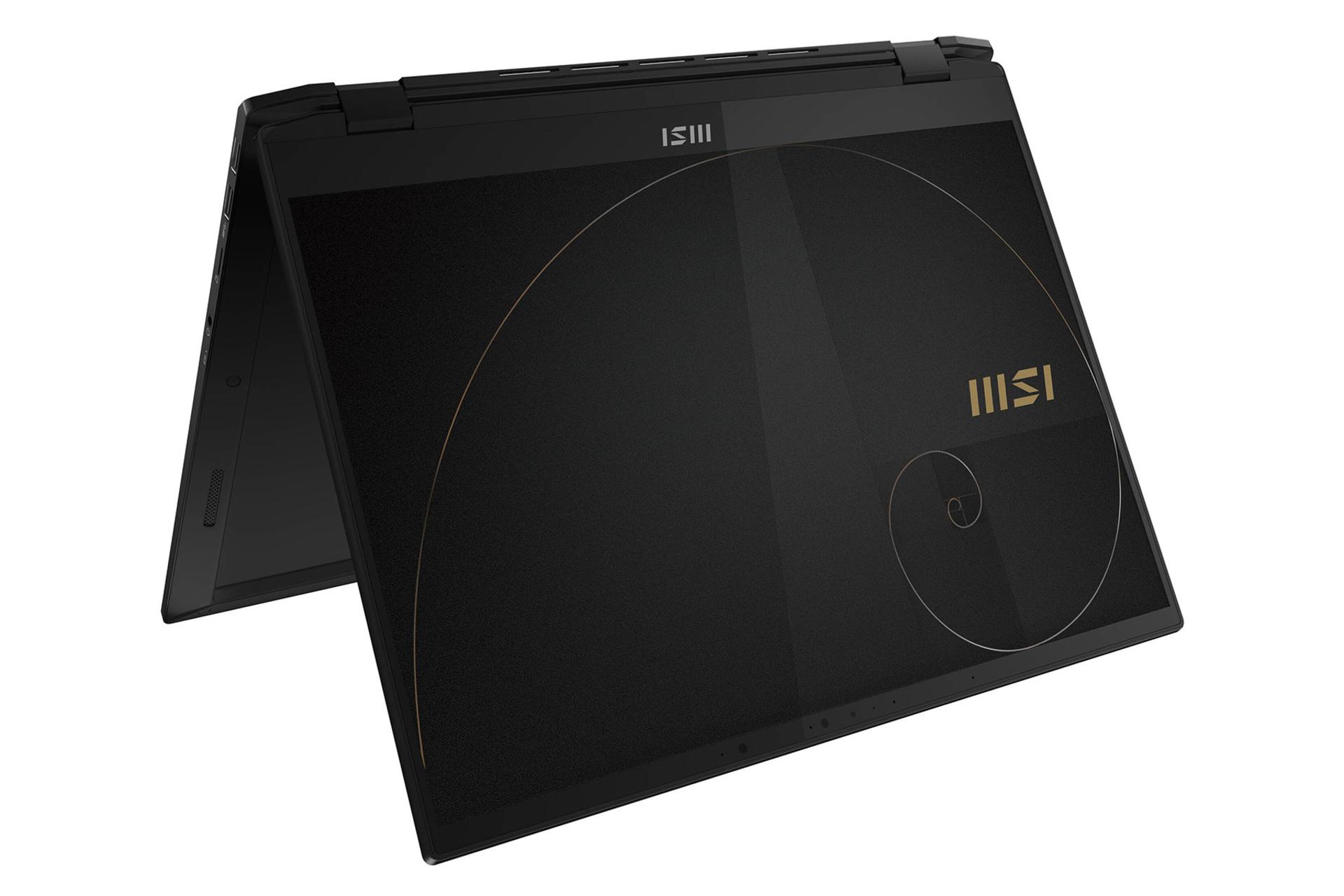 نمای پشت و کنار لپ تاپ ام اس آی Summit E16 Flip A12U و در حالت برگشته