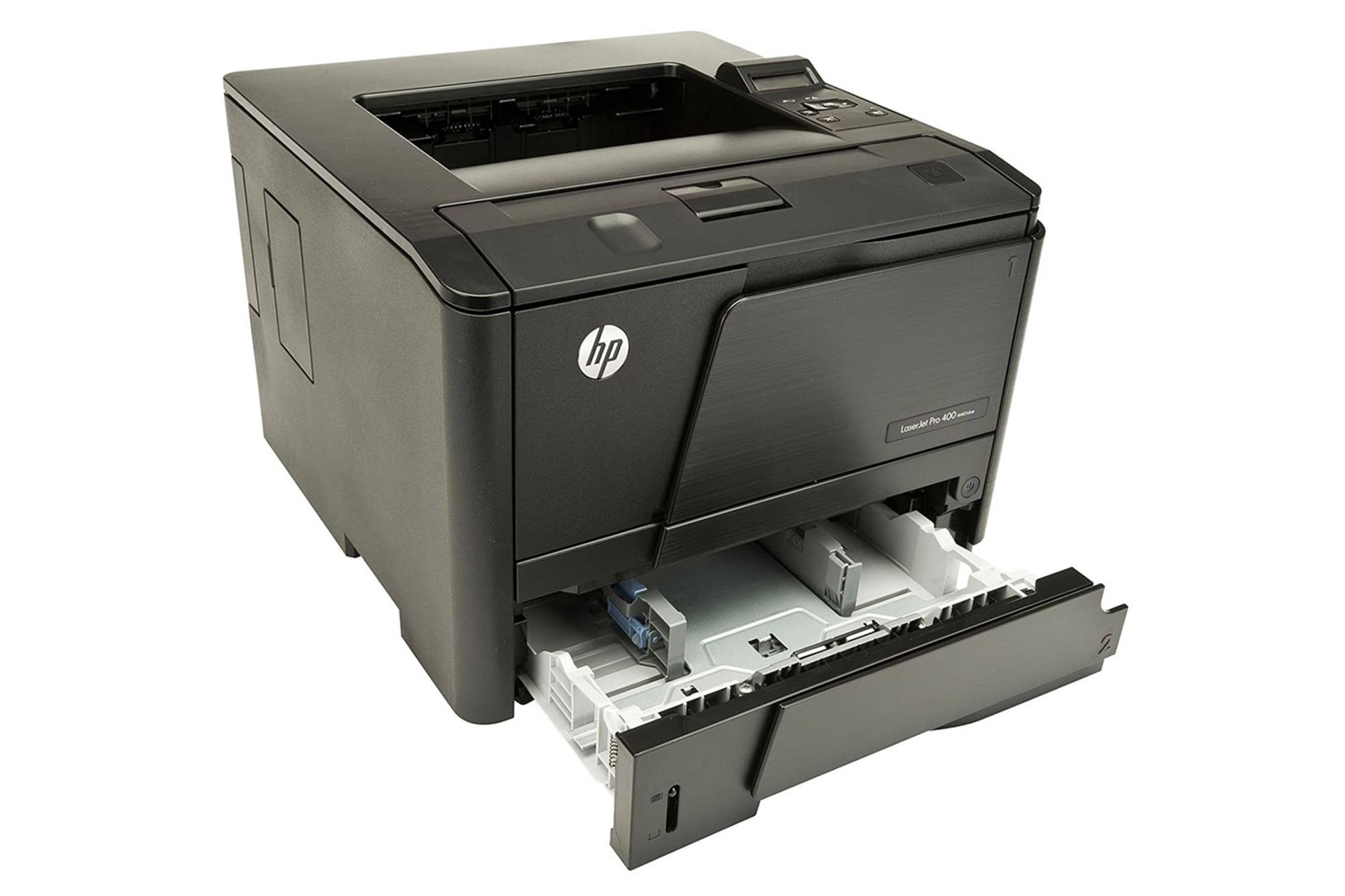 پرینتر اچ پی HP LaserJet Pro 400 M401d نمای جلو و سینی باز شده