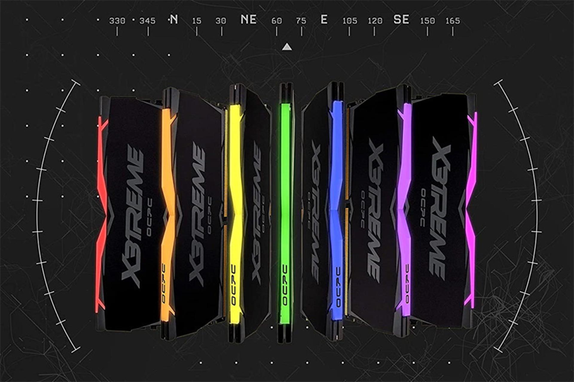 نمای رنگهای مختلف RGB رم او سی پی سی X3 RGB ظرفیت 32 گیگابایت (2x16) از نوع DDR4-4000
