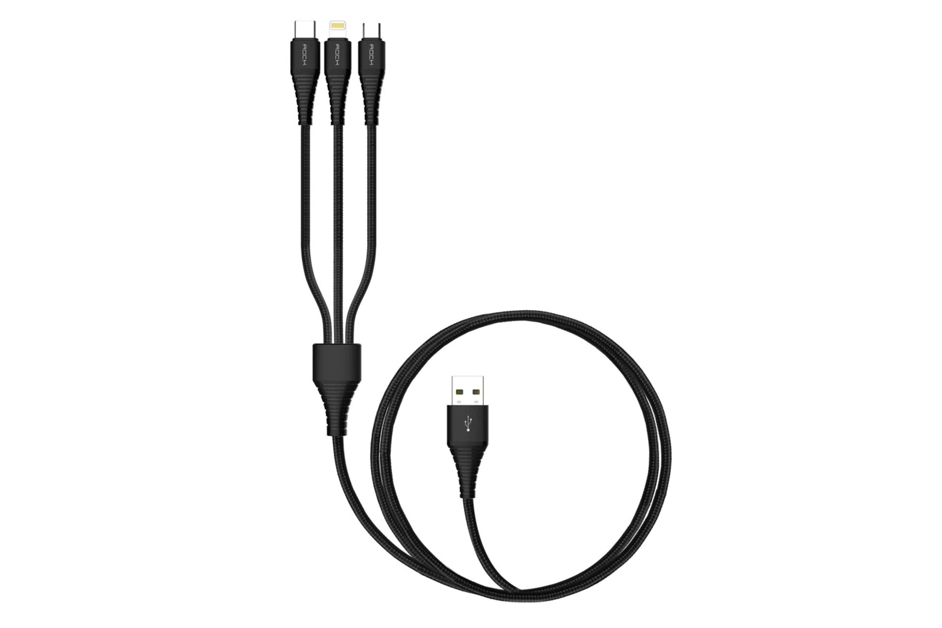 کانکتور کابل شارژ USB راک USB به Type-C+Micro-USB+Lightning مدل Hi-Tensile RCB0560 3in1 با طول 1.2 متر