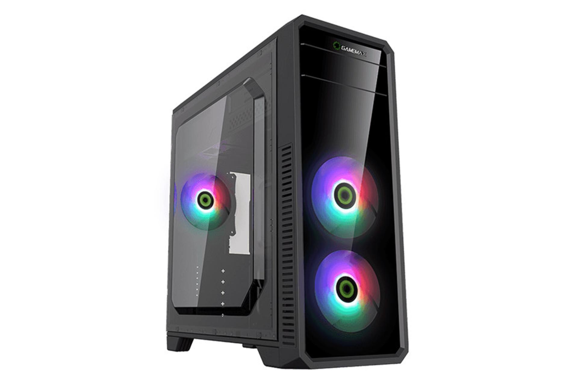 نمای نیم رخ جلو و پنل شیشه‌ای سمت چپ کیس کامپیوتر گیم مکس G561-FRGB