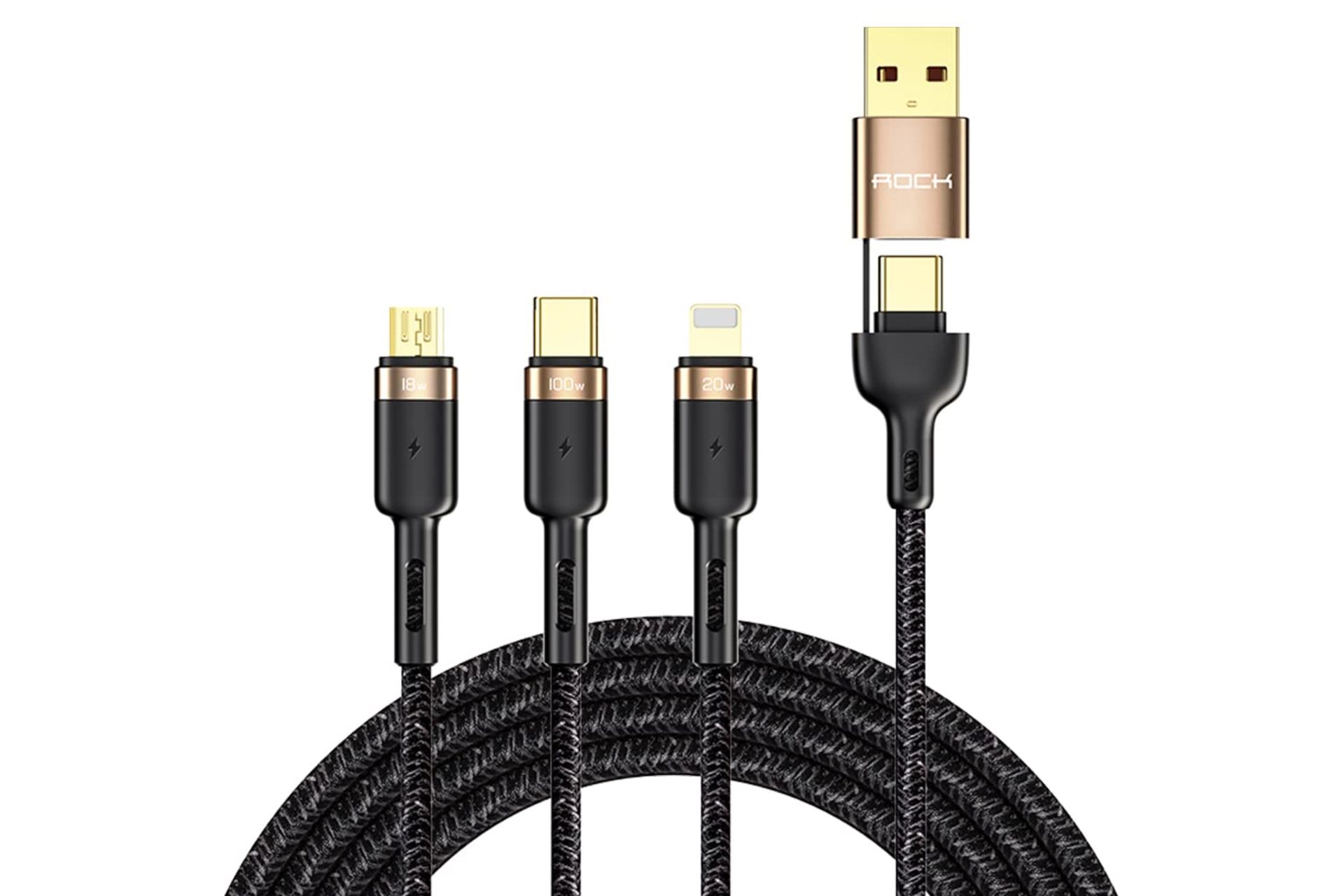 کانکتور کابل شارژ USB راک USB+Type-C به Type-C+Micro-USB+Lightning مدل G18 RCB0819 3in2 با طول 1.2 متر