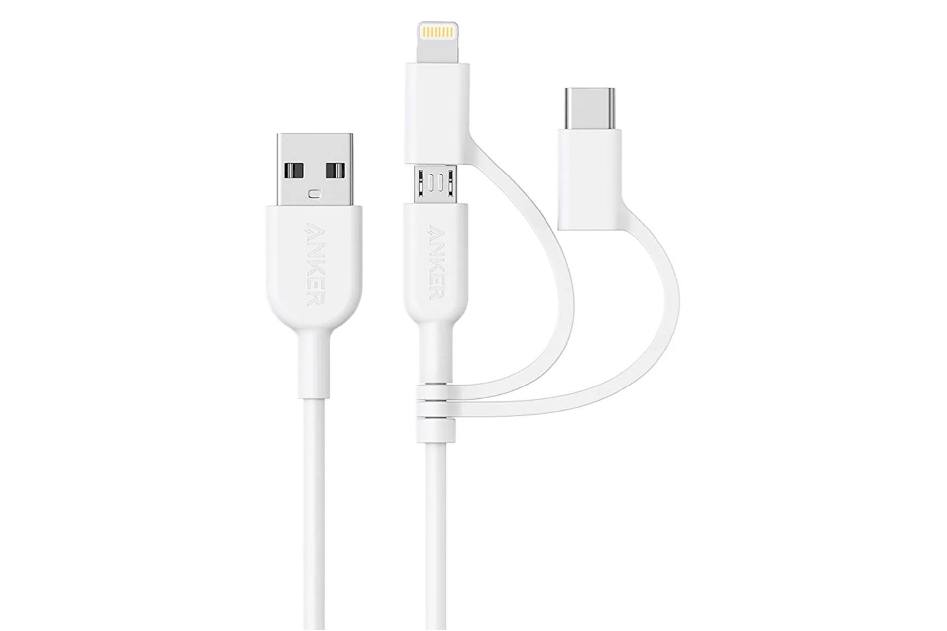 کابل شارژ USB انکر USB به Type-C+Micro-USB+Lightning مدل A8436 PowerLine II 3in1 با طول 0.9 متر سفید