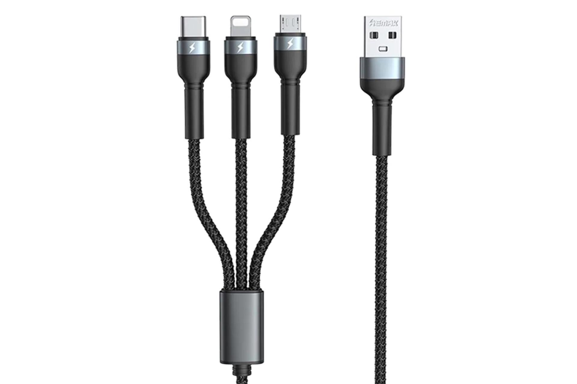 کابل شارژ USB ریمکس USB به Type-C+Micro-USB+Lightning مدل RC-124th 3in1 با طول 1.2 متر مشکی