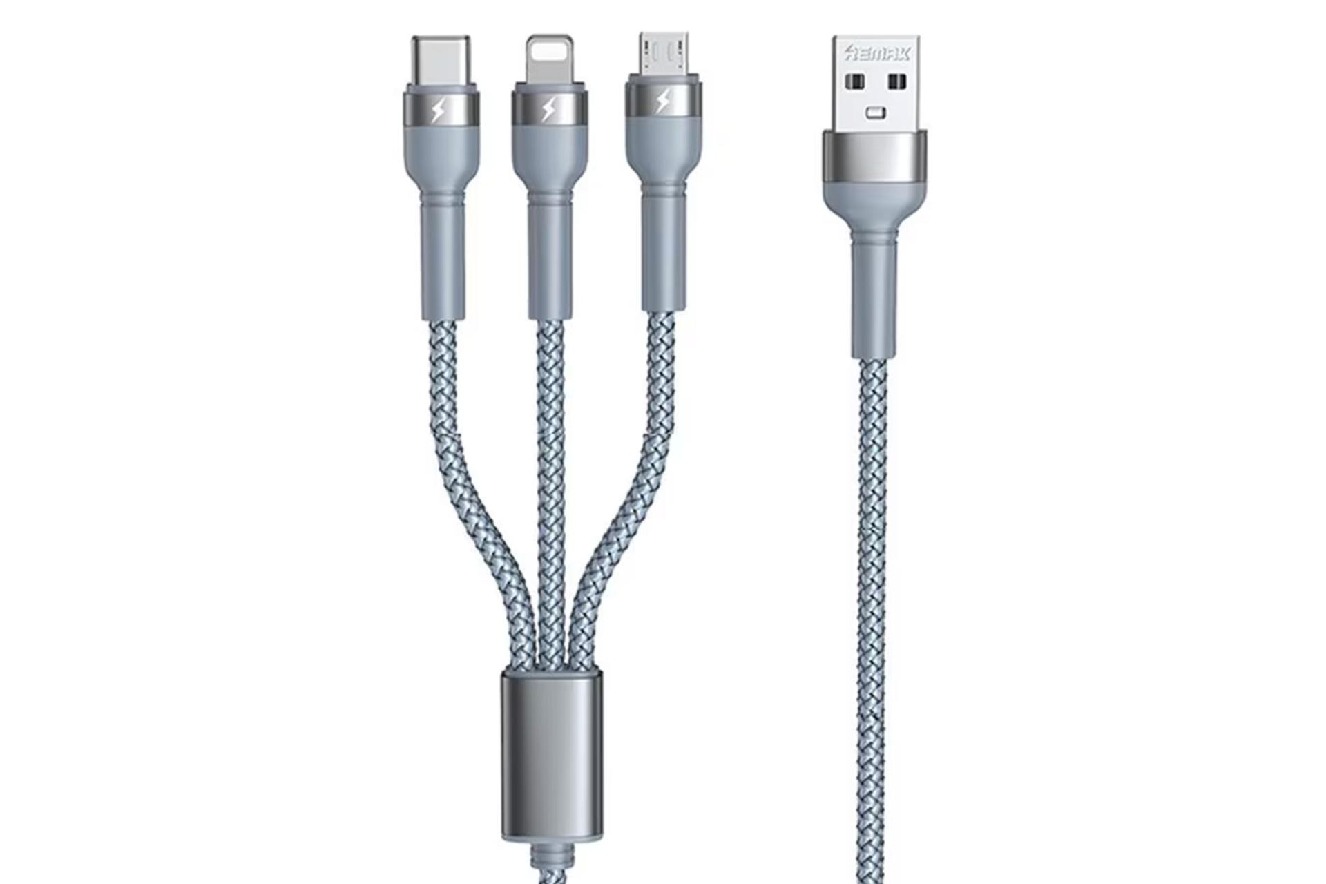 کابل شارژ USB ریمکس USB به Type-C+Micro-USB+Lightning مدل RC-124th 3in1 با طول 1.2 متر نقره ای