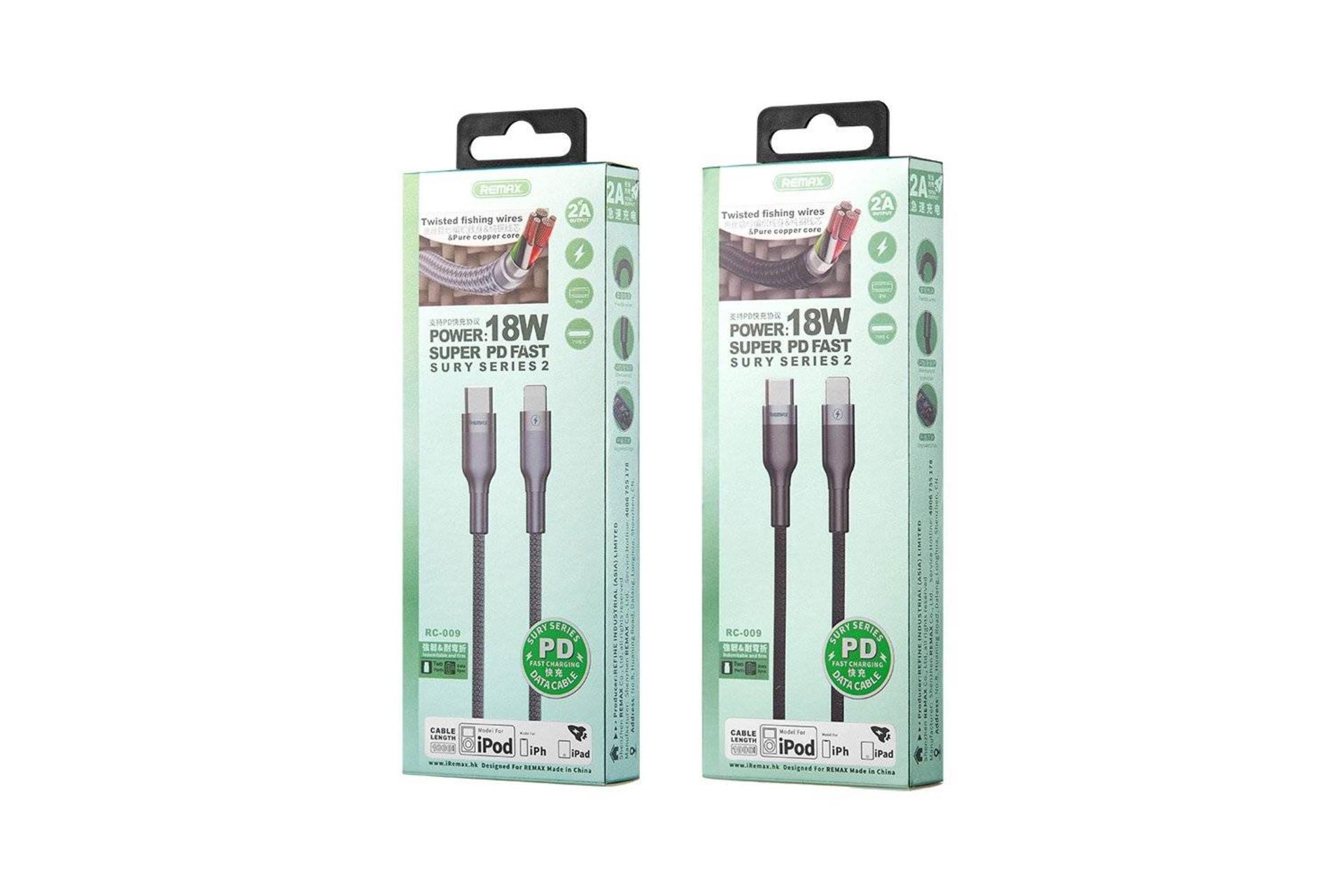 جعبه کابل شارژ USB ریمکس Type-C به Lightning مدل RC-009 Sury Series 2 با طول 1 متر