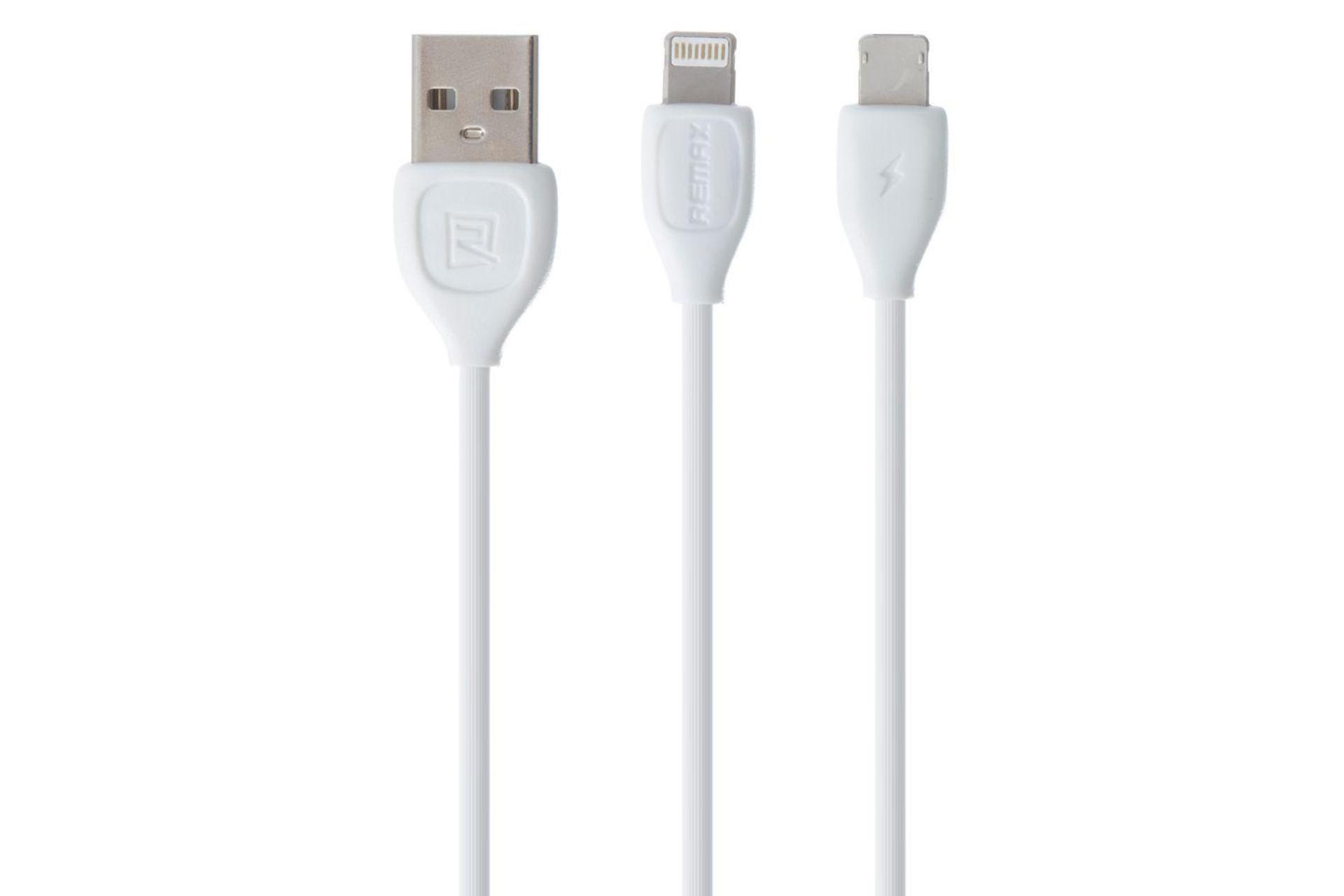 کابل شارژ USB ریمکس USB به Micro-USB+Lightning مدل LESU RC-050T 2in1 با طول 2 متر سفید