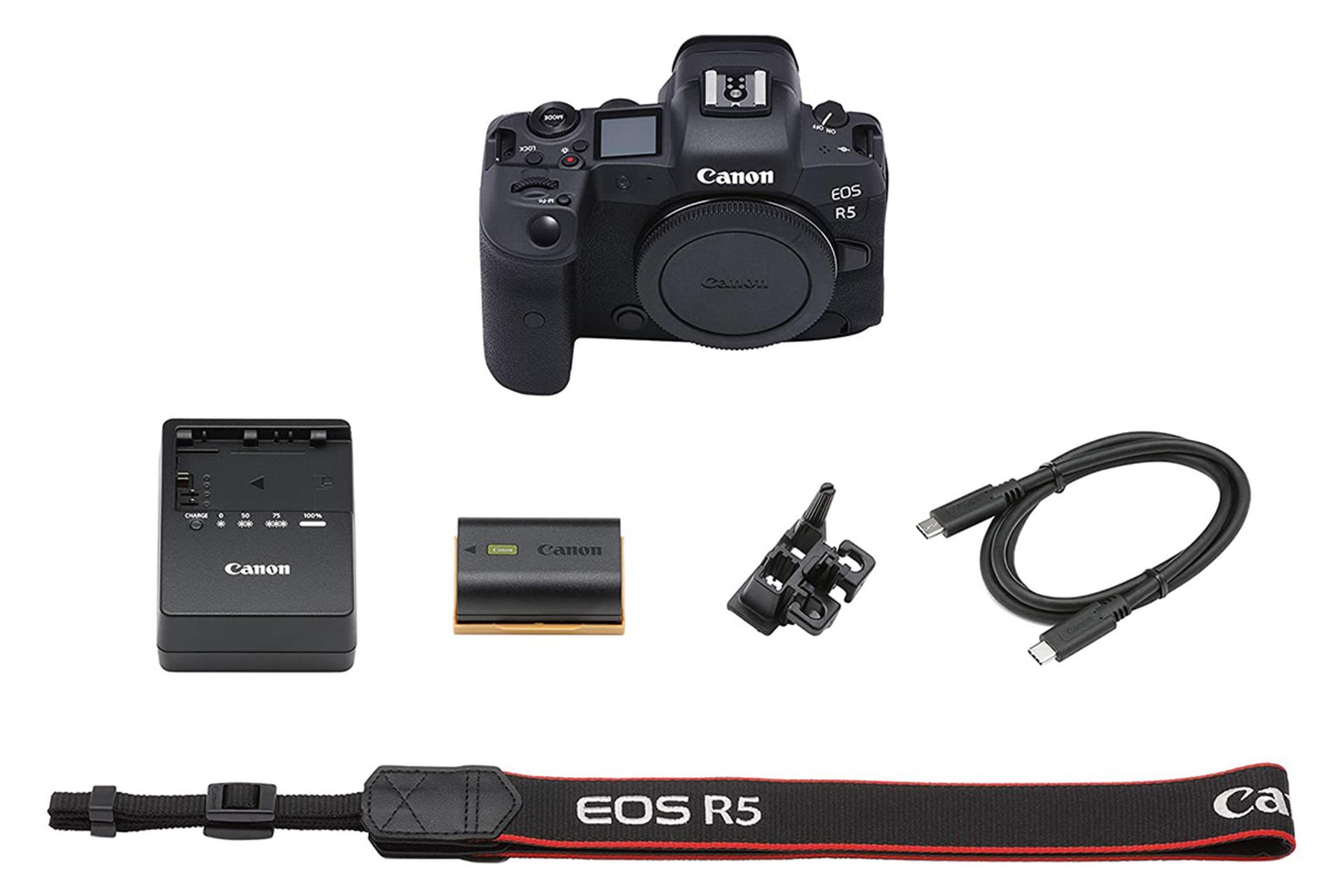 دوربین کانن EOS R5 به همراه و محتویات جعبه و نمایش باتری و شارژر وکابل و بند