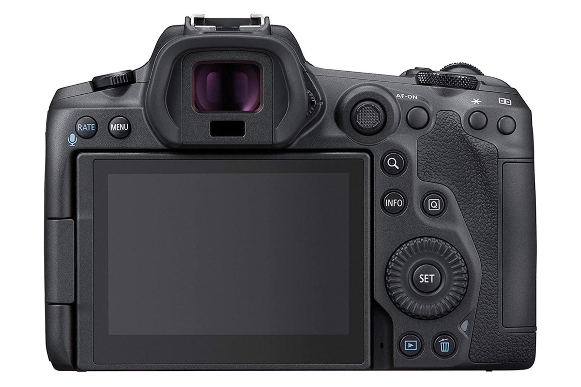 نمای پشت دوربین کانن EOS R5 رنگ مشکی و نمایش دکمه ها ویزور و نمایشگر