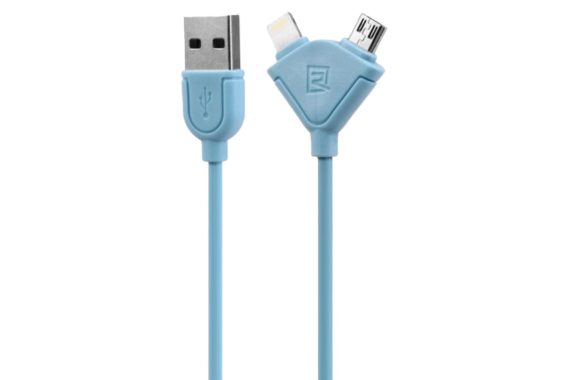 کابل شارژ USB ریمکس USB به Micro-USB+Lightning مدل Souffle RC-031t 2in1 با طول 1 متر آبی