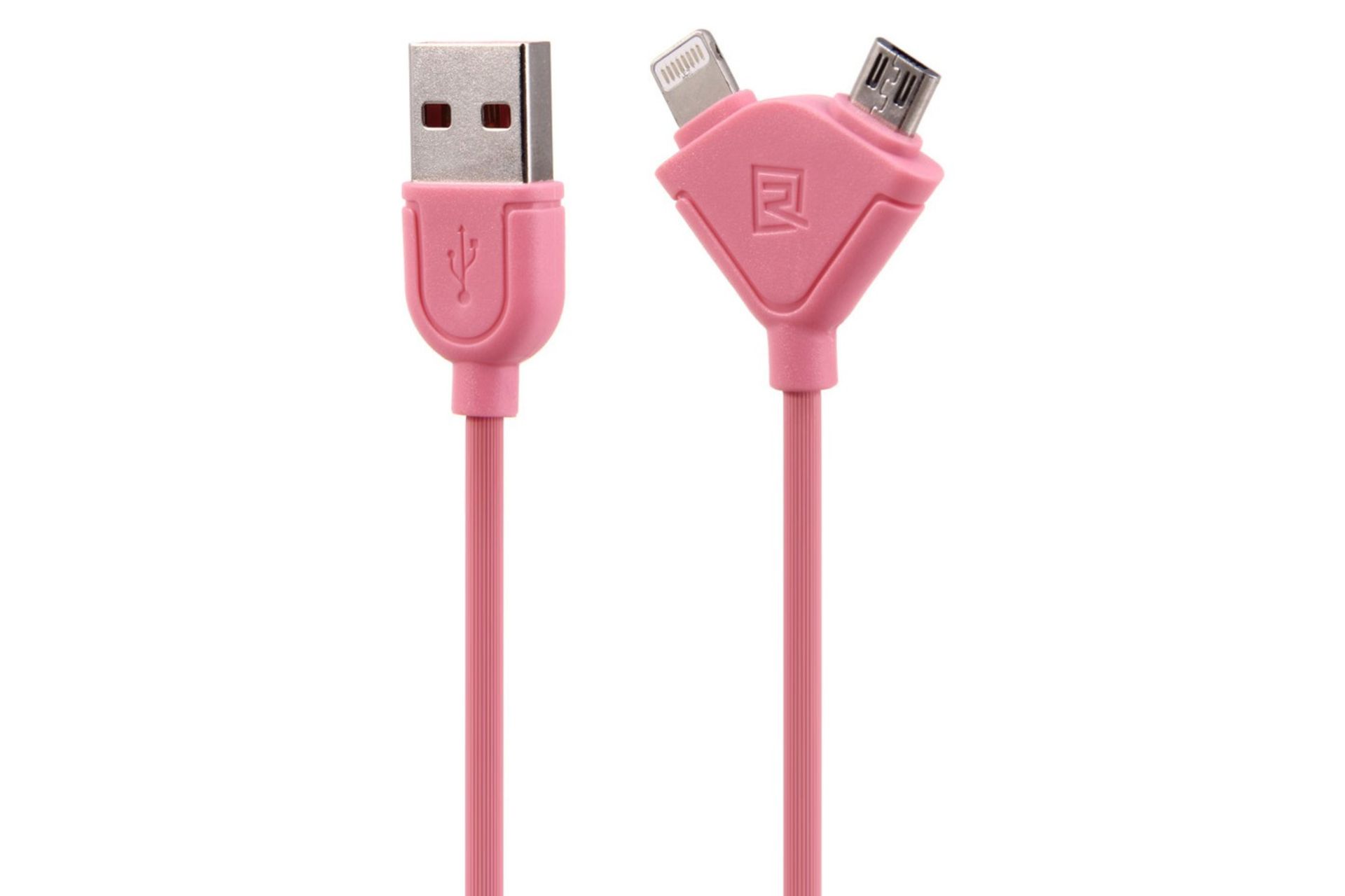 کابل شارژ USB ریمکس USB به Micro-USB+Lightning مدل Souffle RC-031t 2in1 با طول 1 متر صورتی
