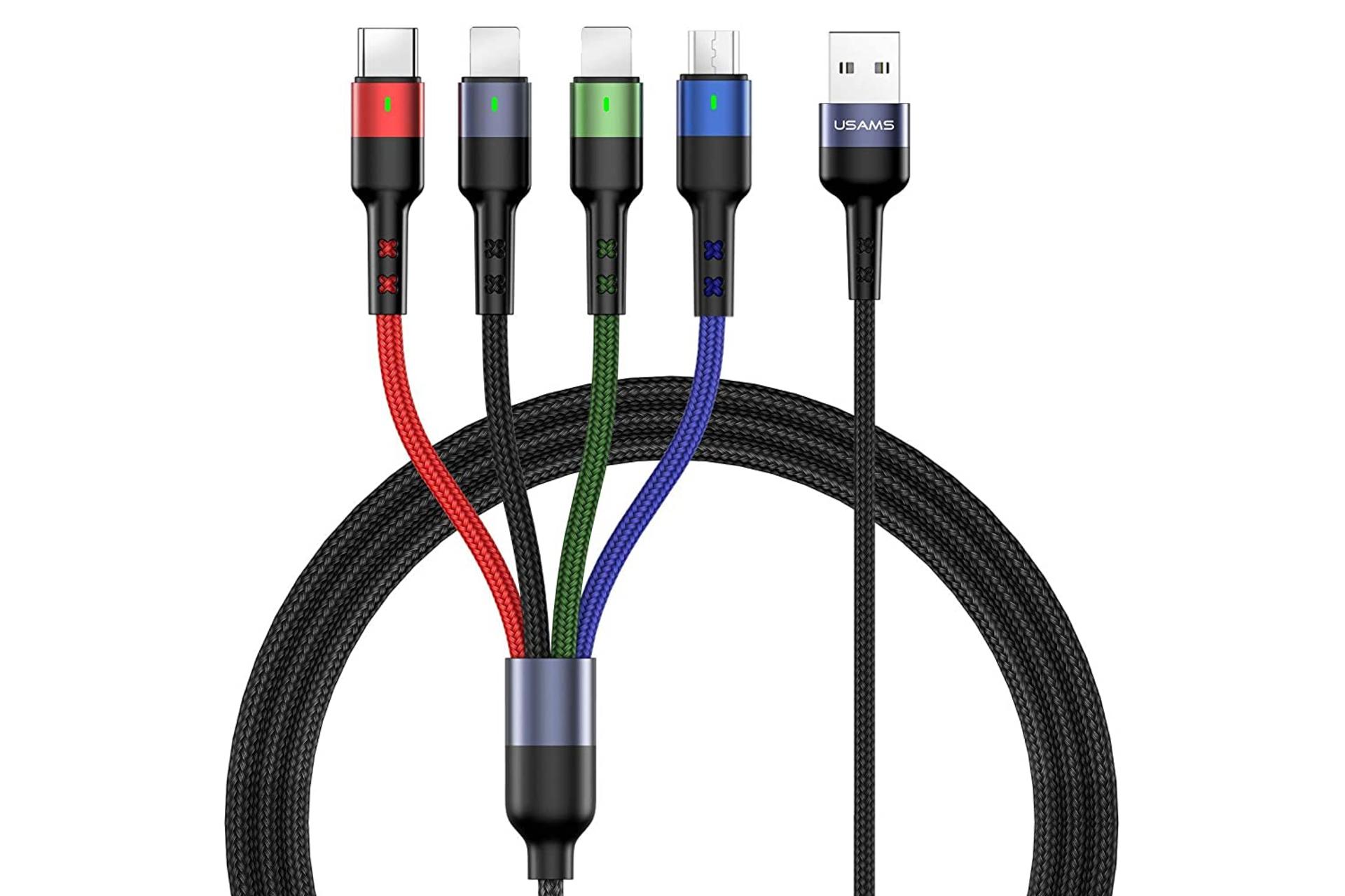 کابل شارژ USB یوسمز USB به Micro-USB+Type-C+2xLightning مدل US-SJ317 U26 4in1 Braided با طول 1.2 متر