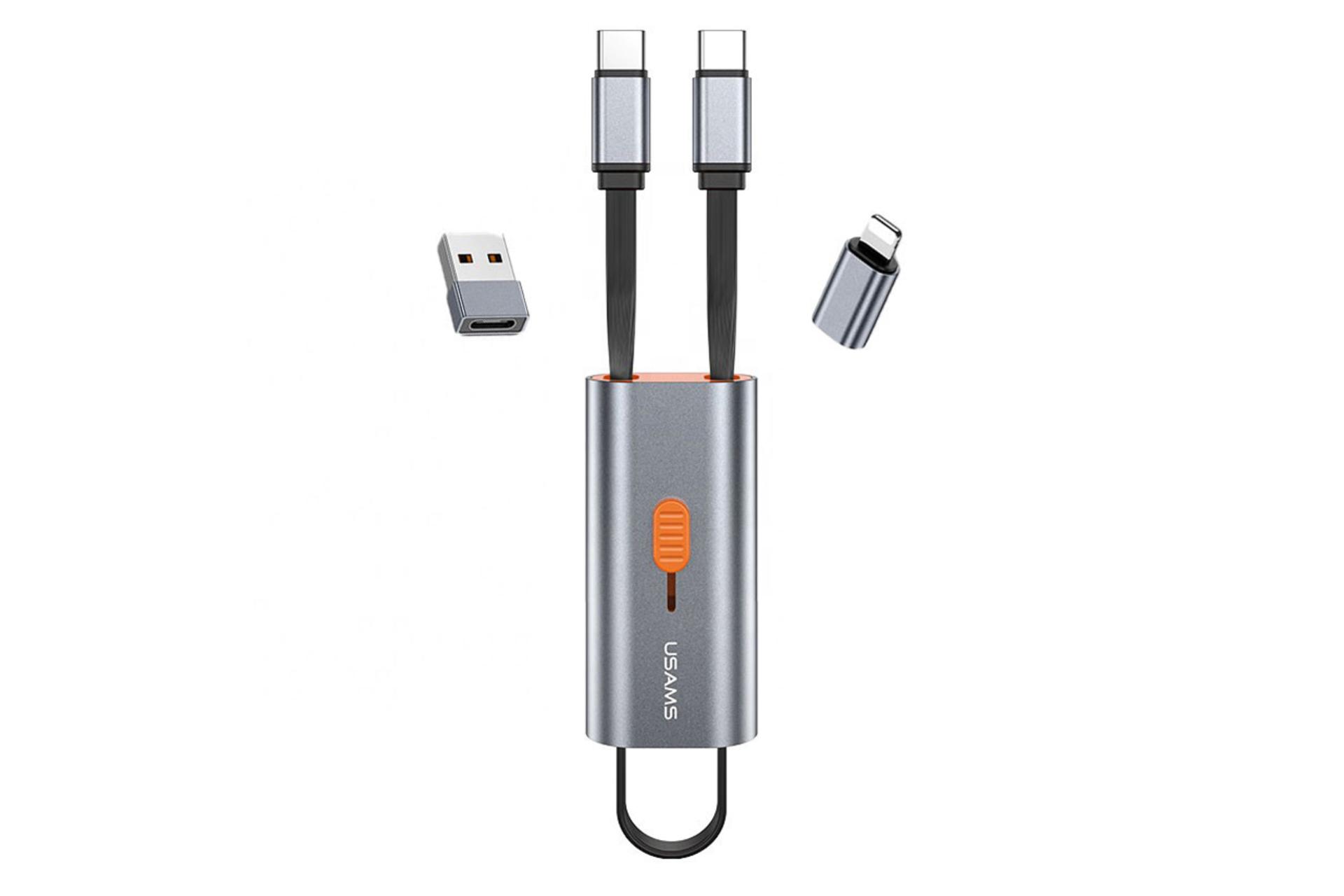 طراحی کابل شارژ USB یوسمز Type-C به Type-C+USB+Lightning مدل 4in1 Multifunctional با طول 0.3 متر