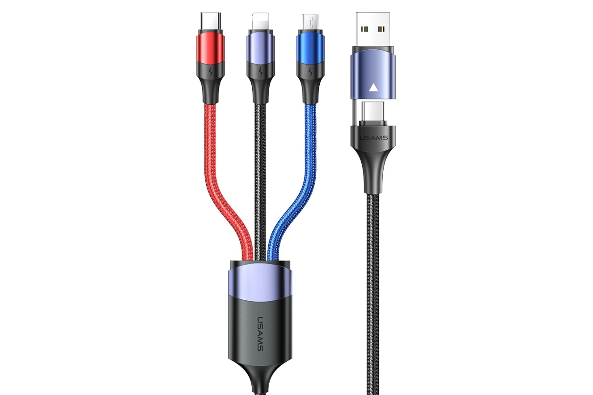 کانکتور کابل شارژ USB یوسمز Type-A+Type-C به Micro-USB+Type-C+Lightning مدل US-SJ549 U71 با طول 1.2 متر