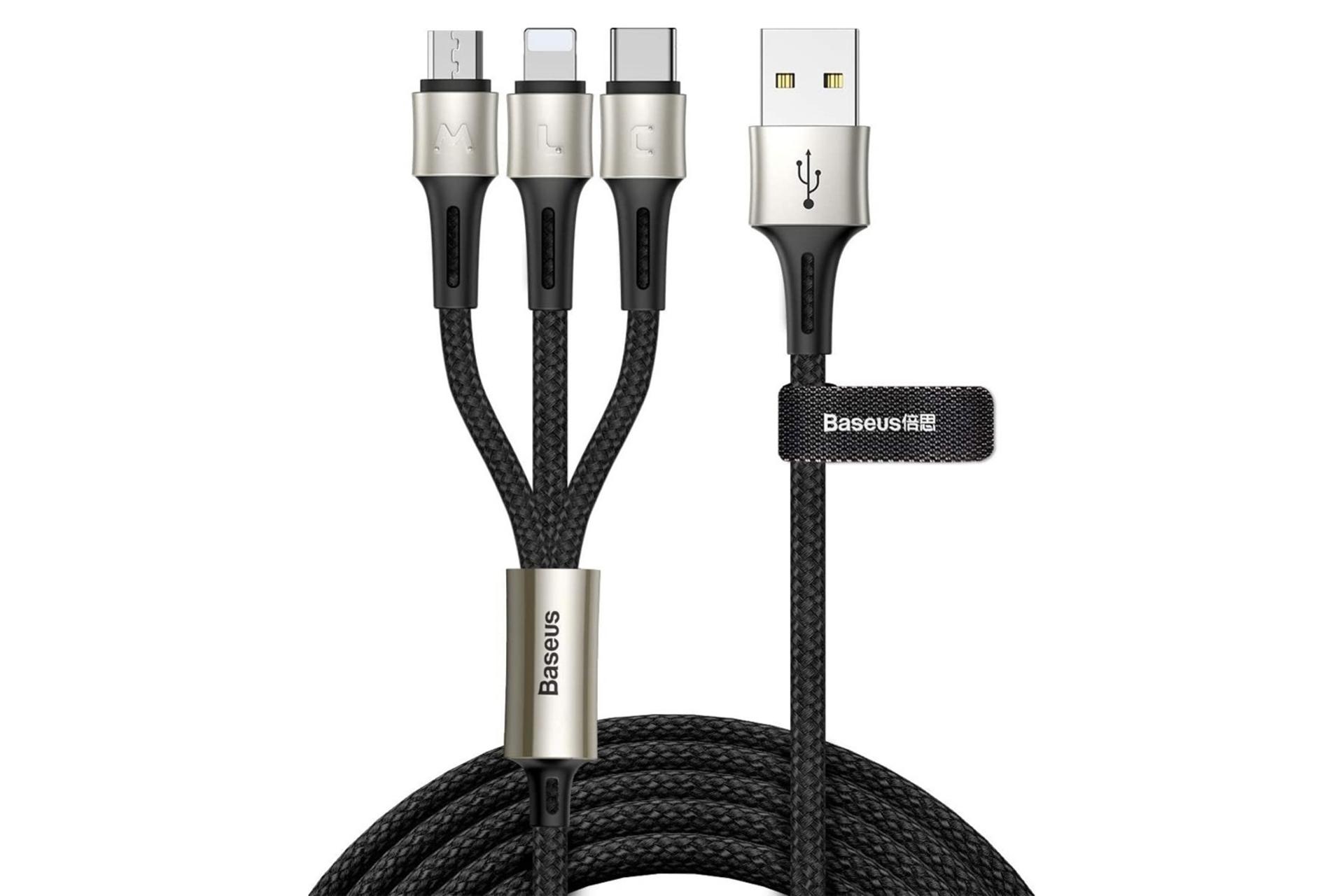 کانکتور کابل شارژ USB باسئوس USB به Type-C+Micro-USB+Lightning مدل Caring 3-in-1 با طول 1.2 متر