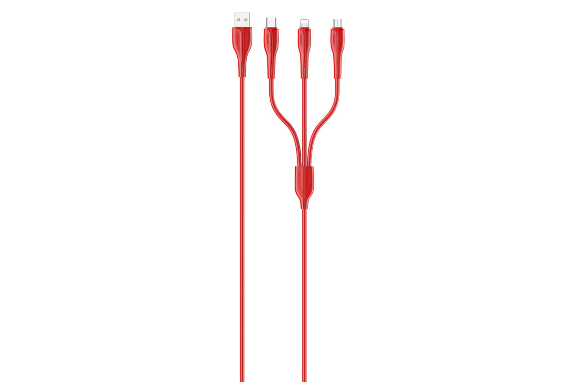 کابل شارژ USB یوسمز Type-A به Type-C+Micro-USB+Lightning مدل US-SJ374 U38 3in1 با طول 1 متر قرمز