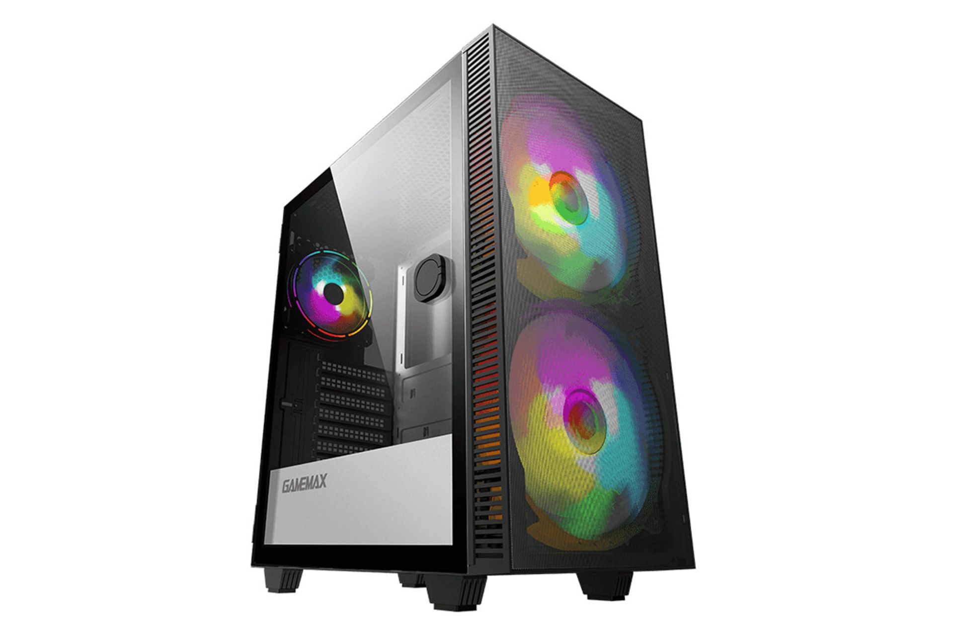 نمای نیم رخ جلو و درب شیشه ای سمت چپ کیس کامپیوتر گیم مکس Aero