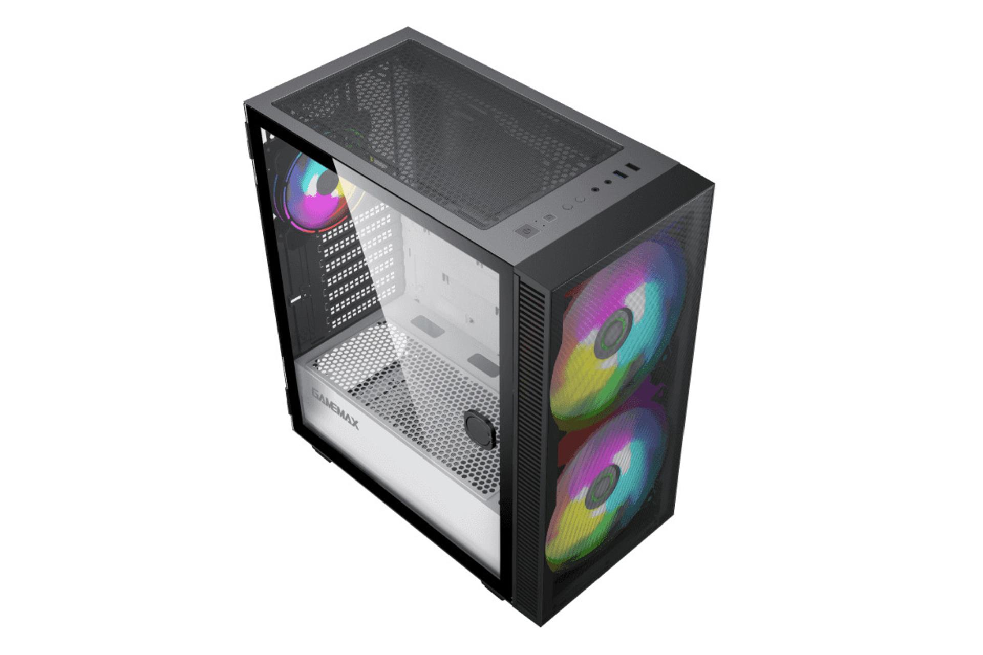 نمای نیم رخ جلو و سمت چپ به همراه نمایش فیلتر و پورت های بالای کیس کامپیوتر گیم مکس Aero