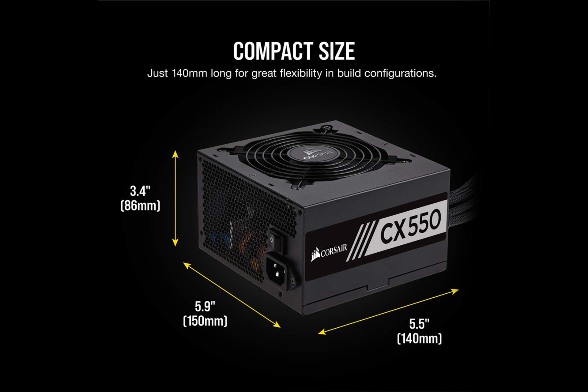 پاور کامپیوتر کورسیر CX550M با توان 550 وات ابعاد