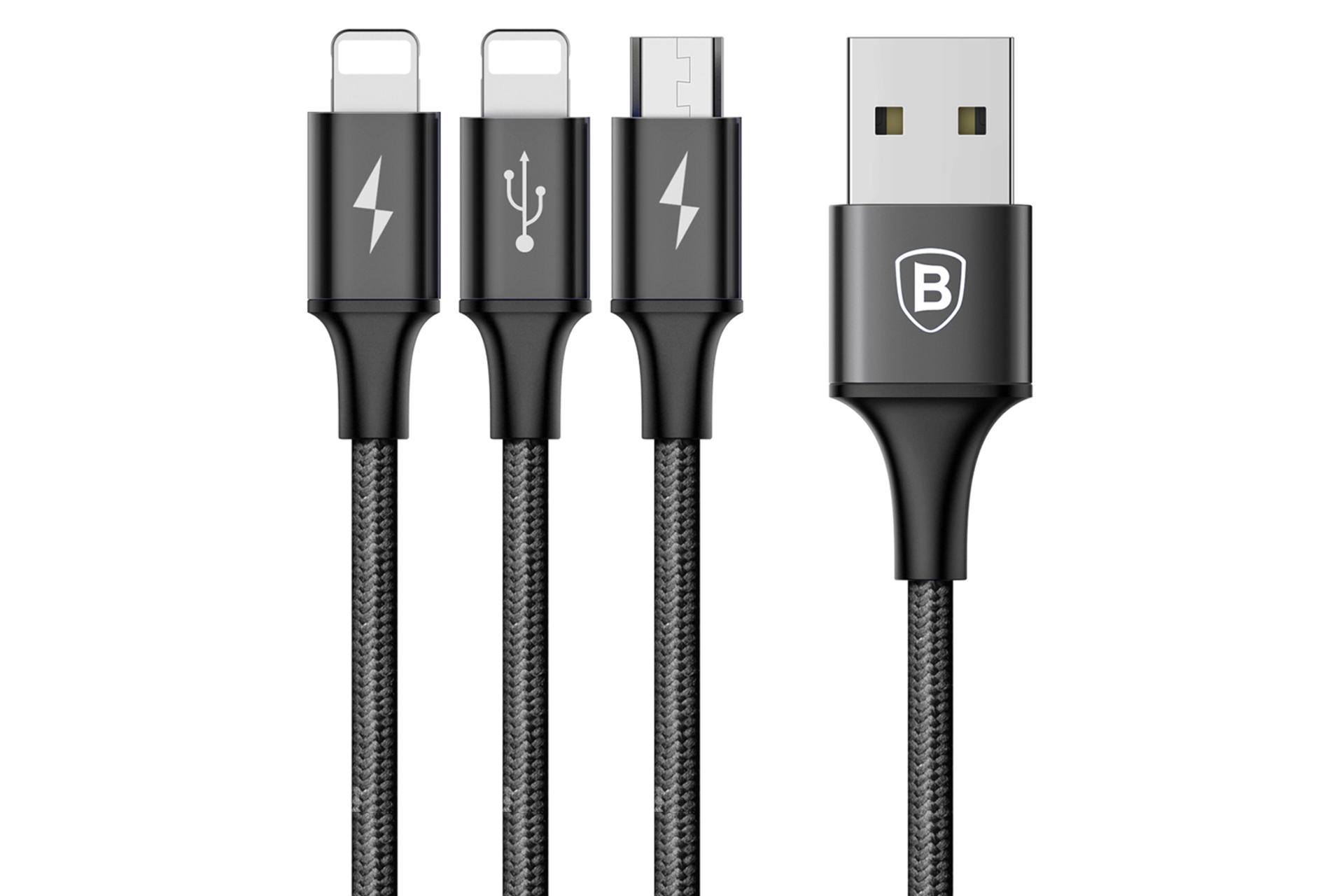 کانکتور کابل شارژ USB باسئوس USB به Micro-USB+Lightning+Lightning مدل Rapid 3-in-1 3A با طول 1.2 متر