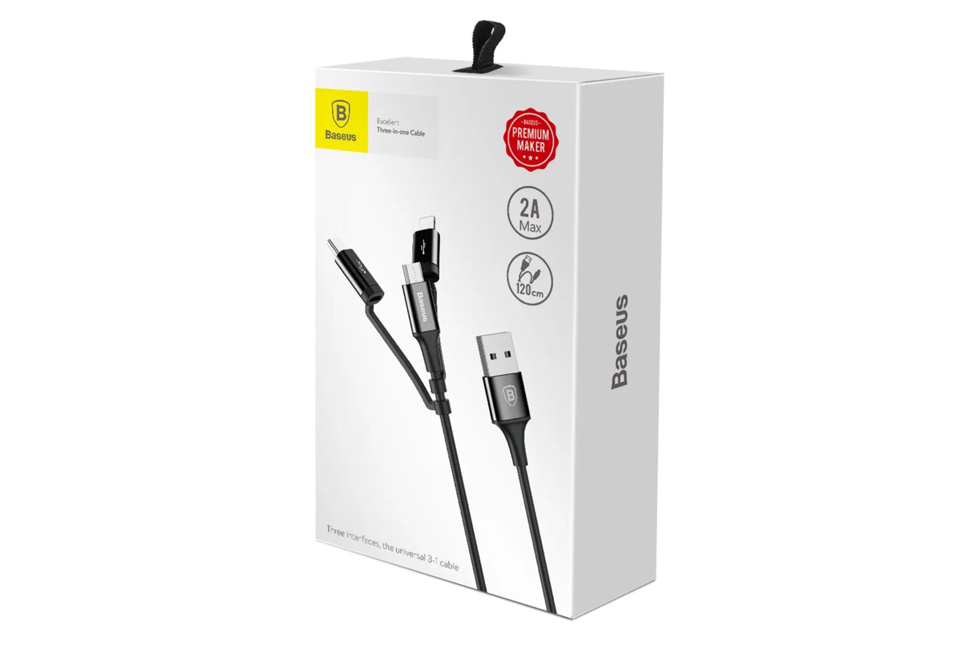 جعبه کابل شارژ USB باسئوس USB به Type-C+Micro-USB+Lightning مدل Excellent 3-in-1 با طول 1.2 متر