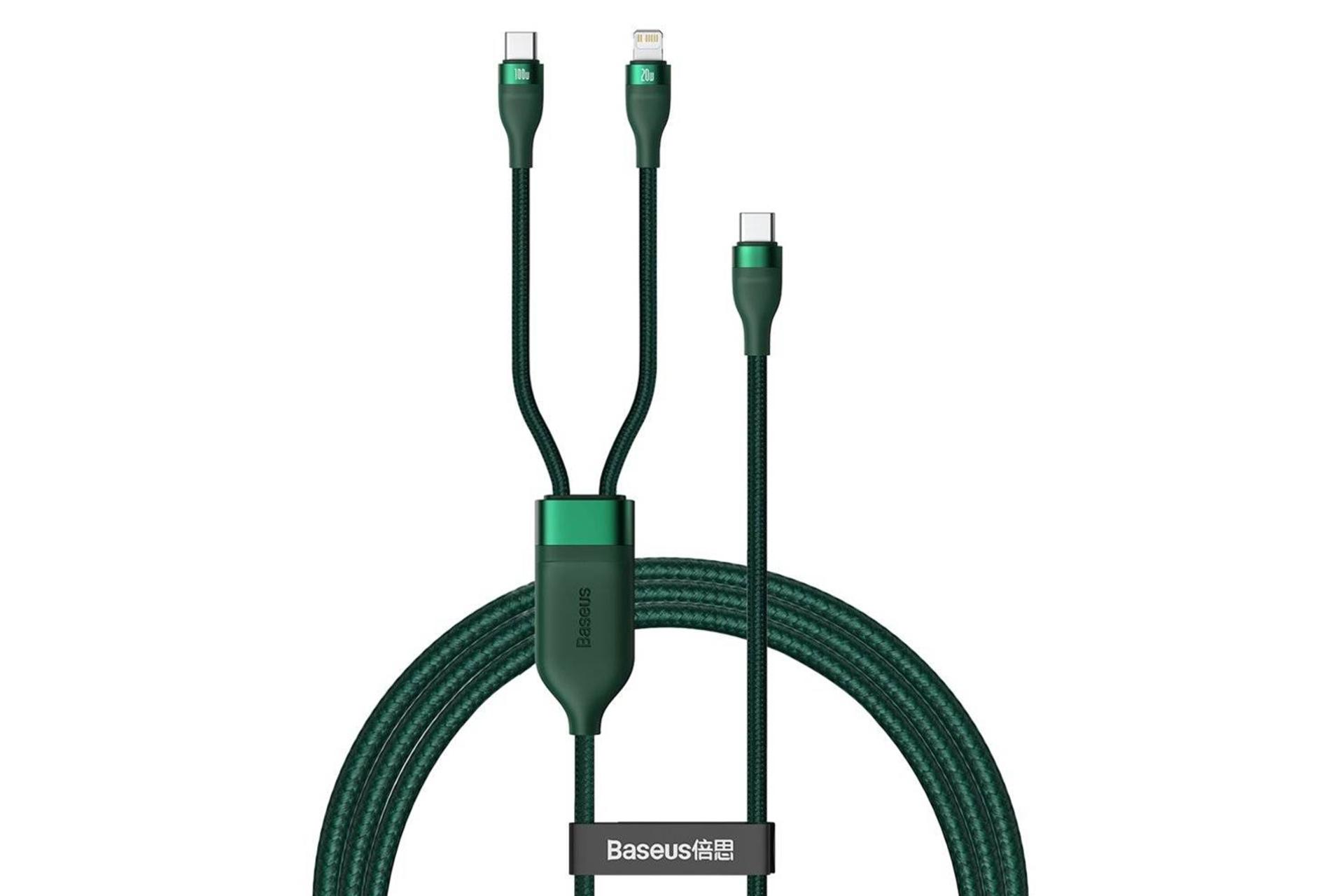کابل شارژ USB باسئوس Type-C به Type-C+Lightning مدل Flash 2-in-1 100W با طول 1.2 متر سبز