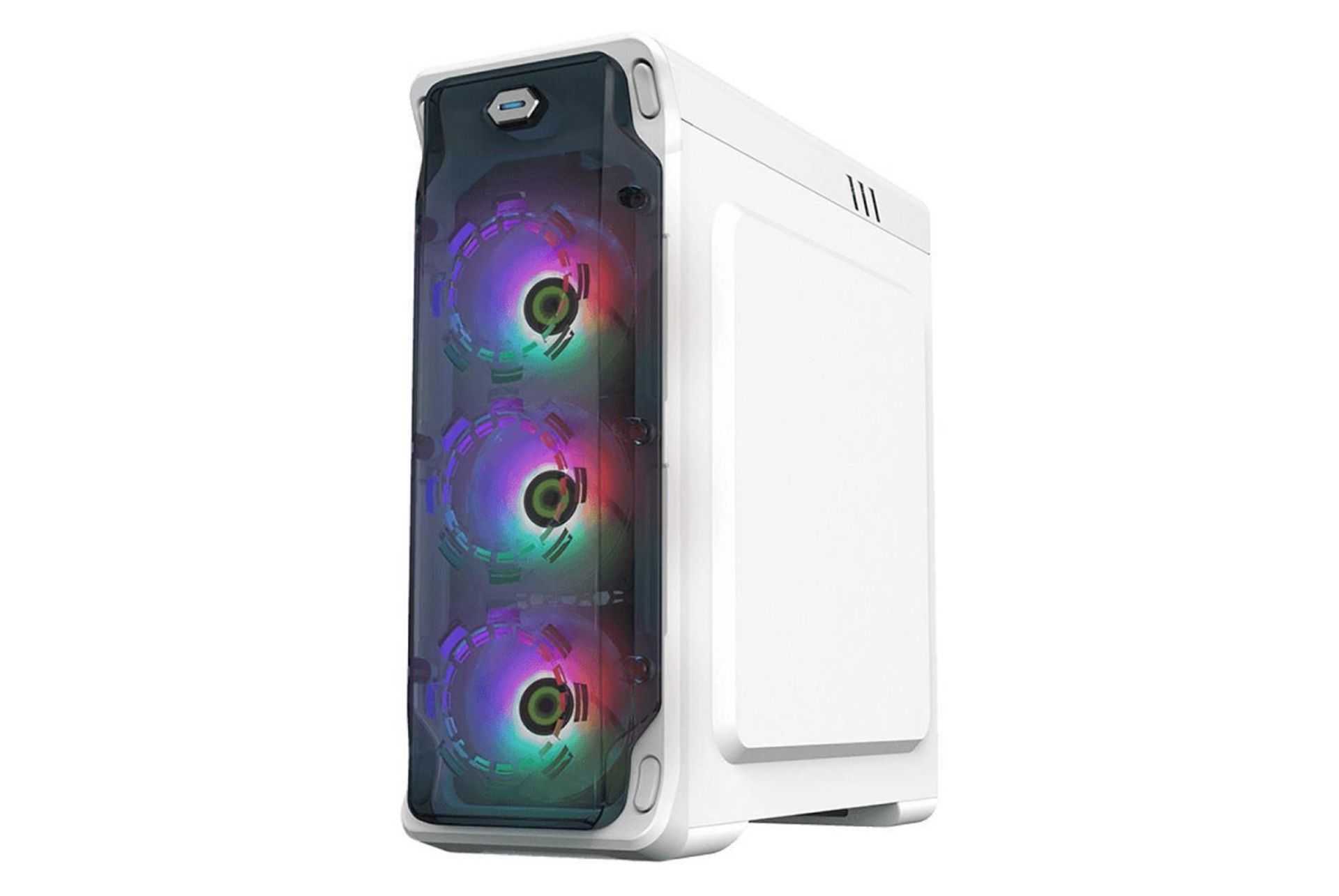 نمای نیم رخ جلو و سمت راست کیس کامپیوتر گیم مکس Starlight FRGB رنگ سفید 