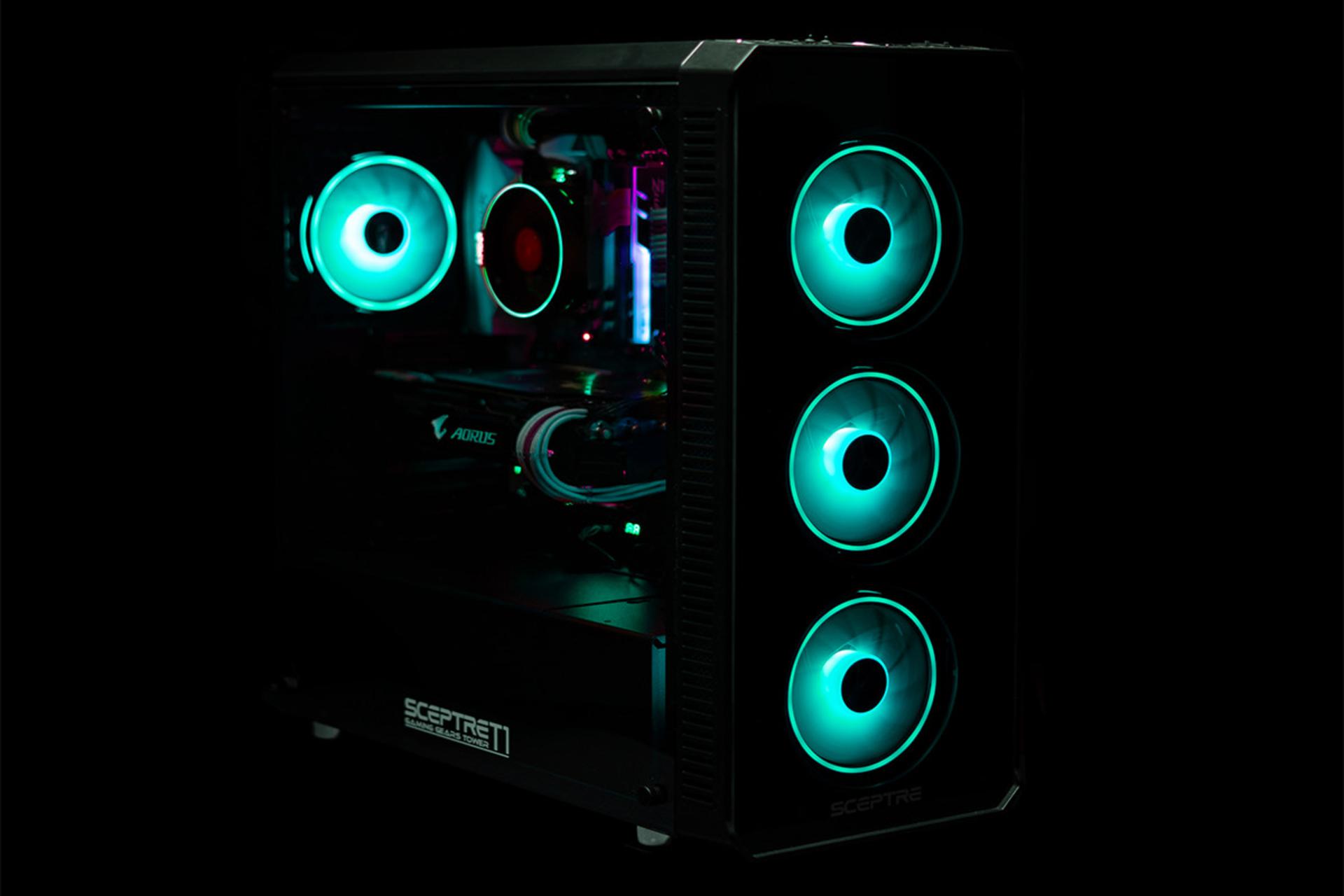 نمایش نور فیروز‌ه‌ای فن‌های ARGB جلو و پشت کیس کامپیوتر اسکپتر مدل T1