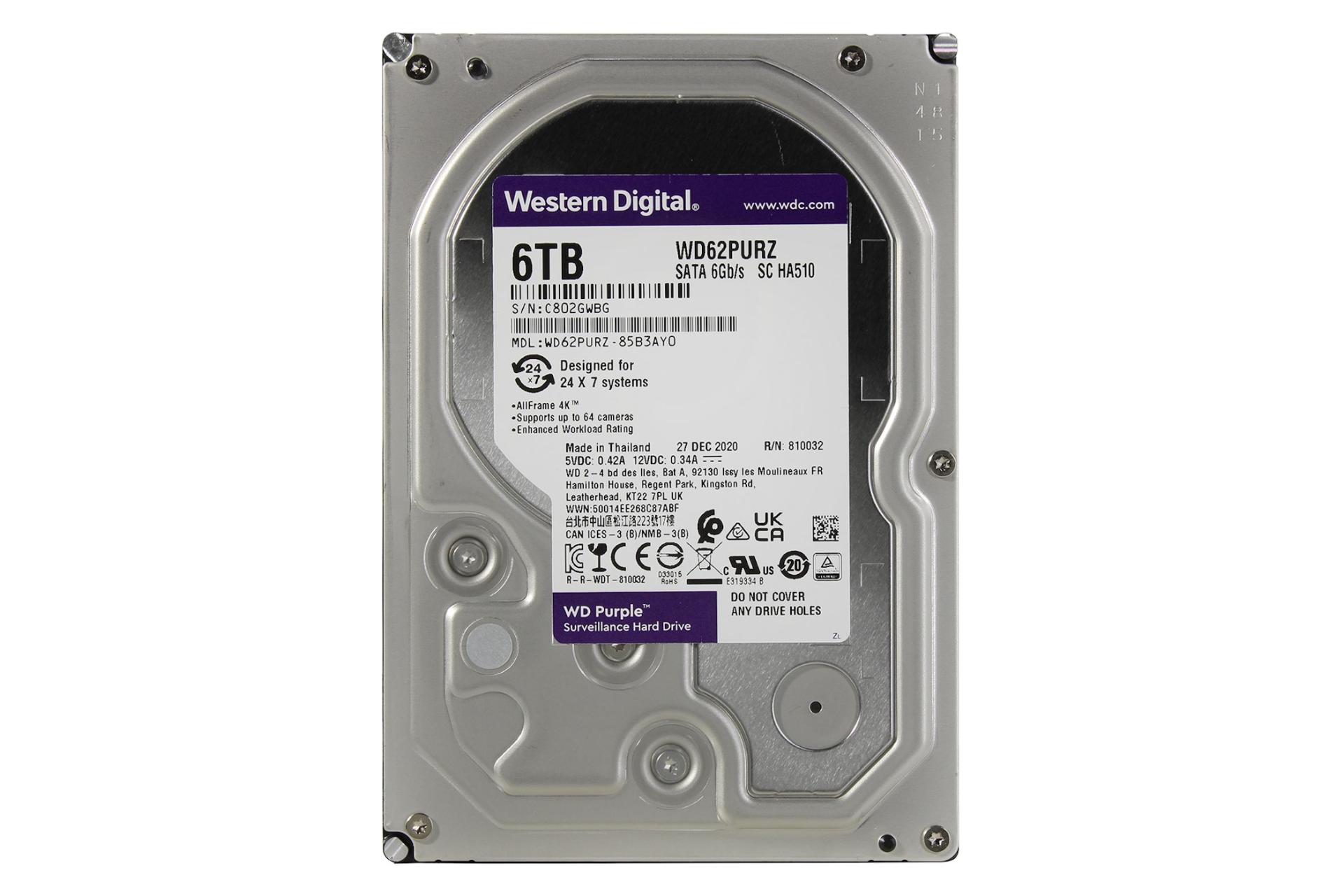 نمای روبرو هارد دیسک وسترن دیجیتال Western Digital Purple WD62PURZ 3.5 Inch 6TB ظرفیت 6 ترابایت