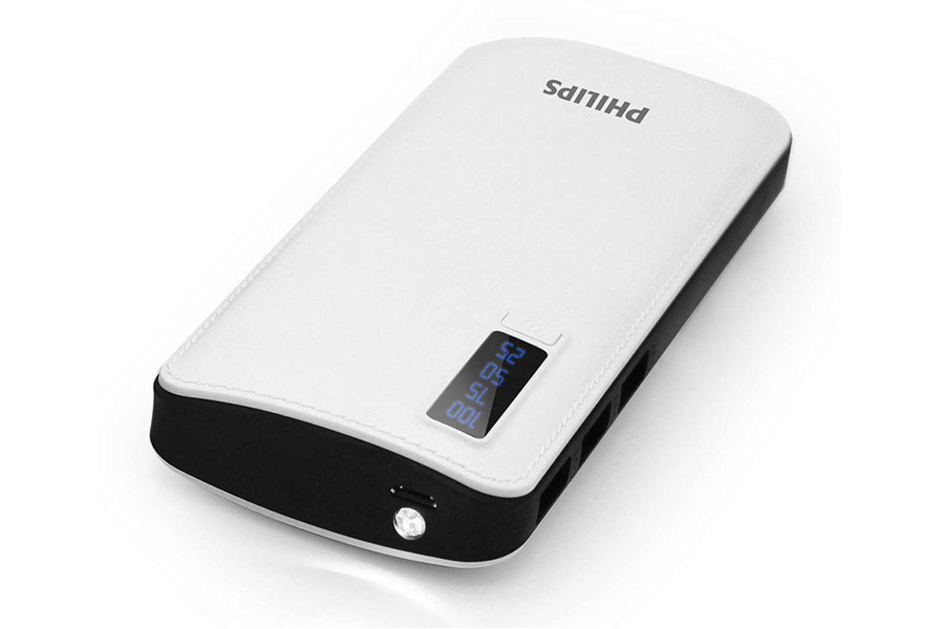 نمای نیمرخ پاوربانک فیلیپس DLP6006 با ظرفیت 11000 میلی‌آمپرساعت و نمایش پورت و LED