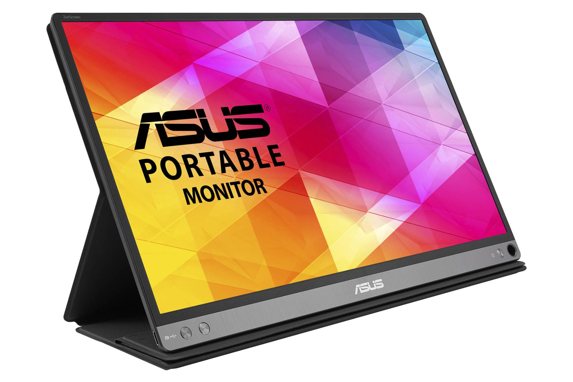 نمای جلو زاویه دار مانیتور ایسوس 16 اینچ مدل MB16AC رنگ طوسی