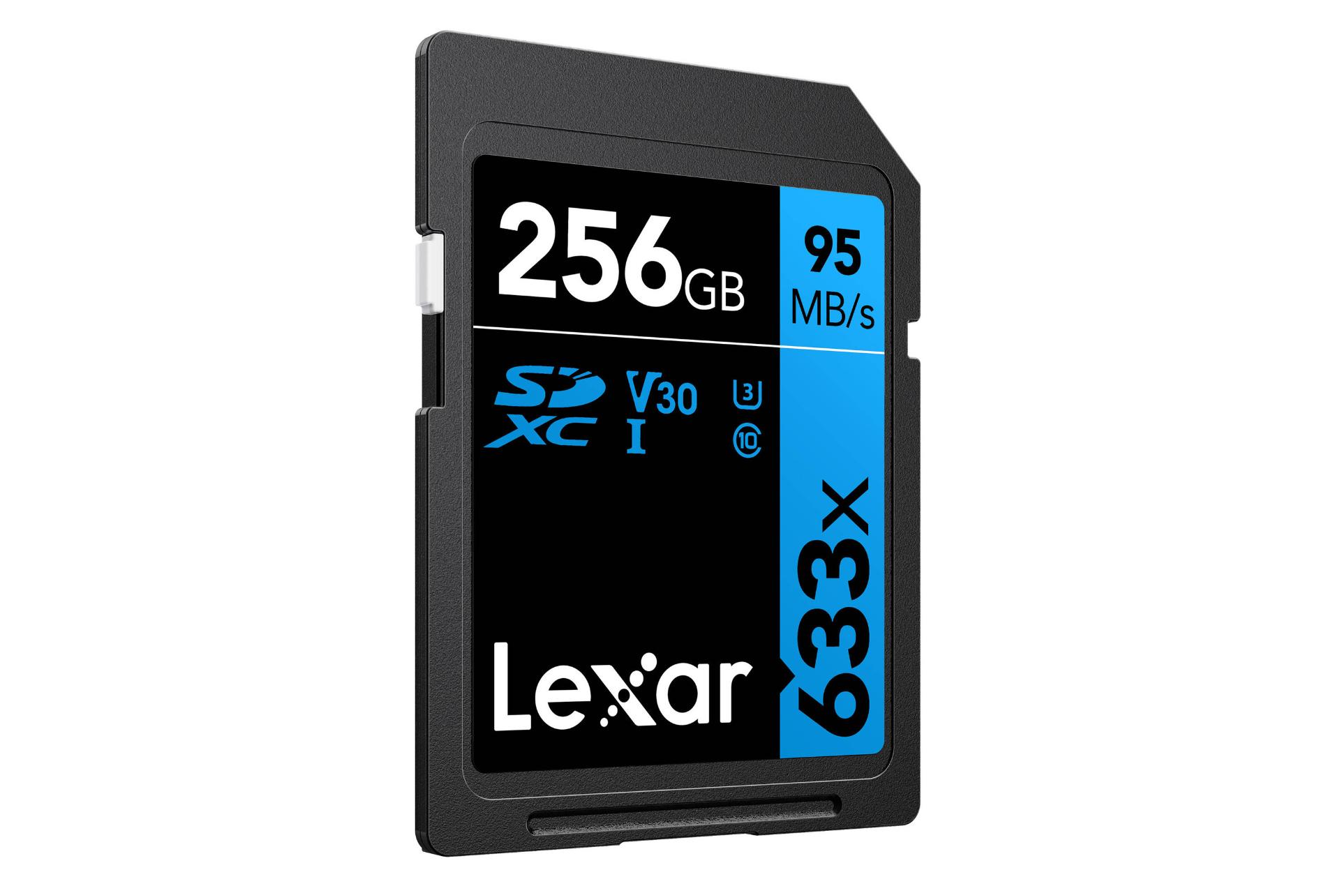 نمای چپ کارت حافظه لکسار microSDXC با ظرفیت 256 گیگابایت مدل High Performance BLUE Series 633x V30 کلاس 10