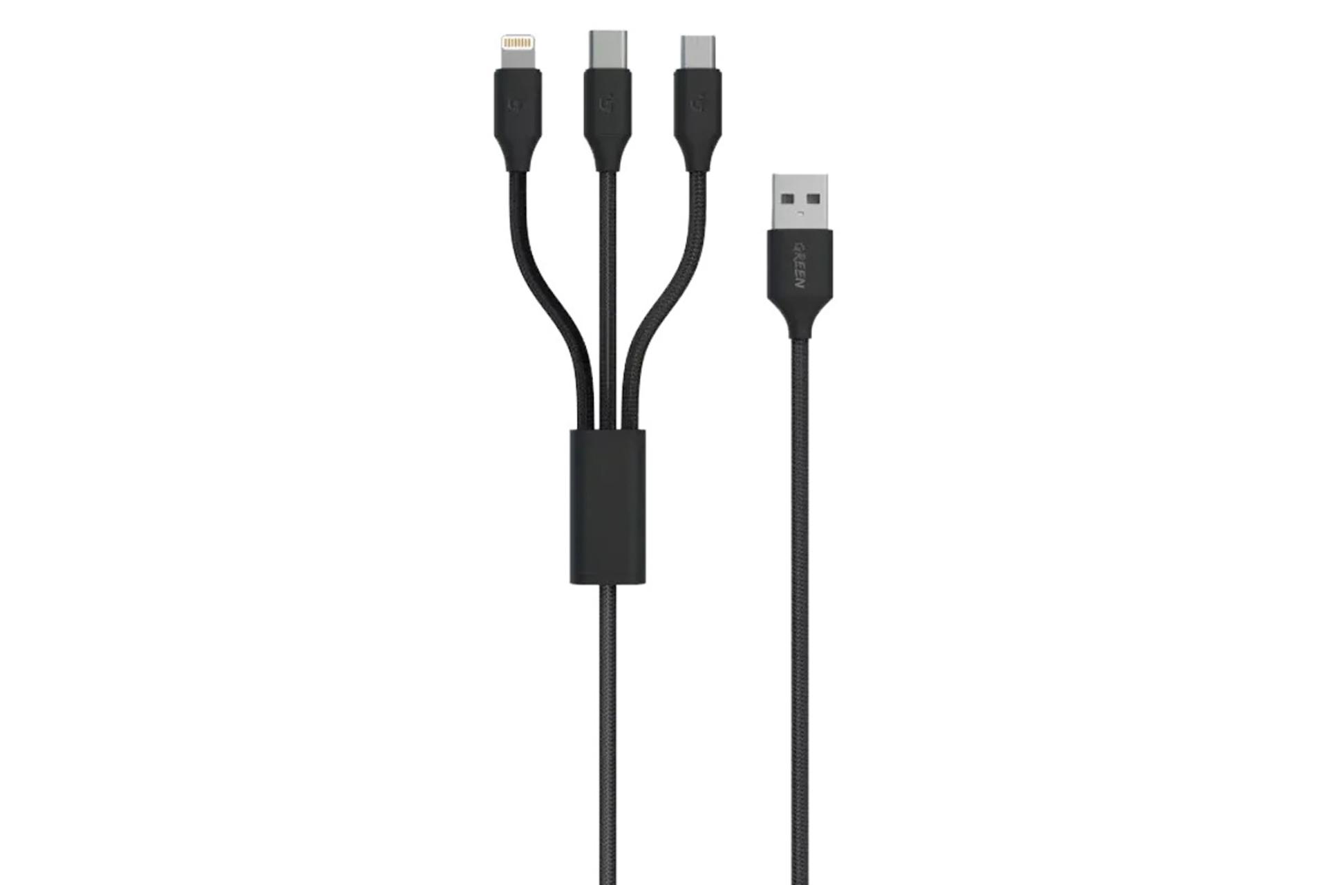 کانکتور کابل شارژ USB گرین لیون Type-A به Type-C+Micro-USB+Lightning مدل GN3IN1C با طول 1.2 متر