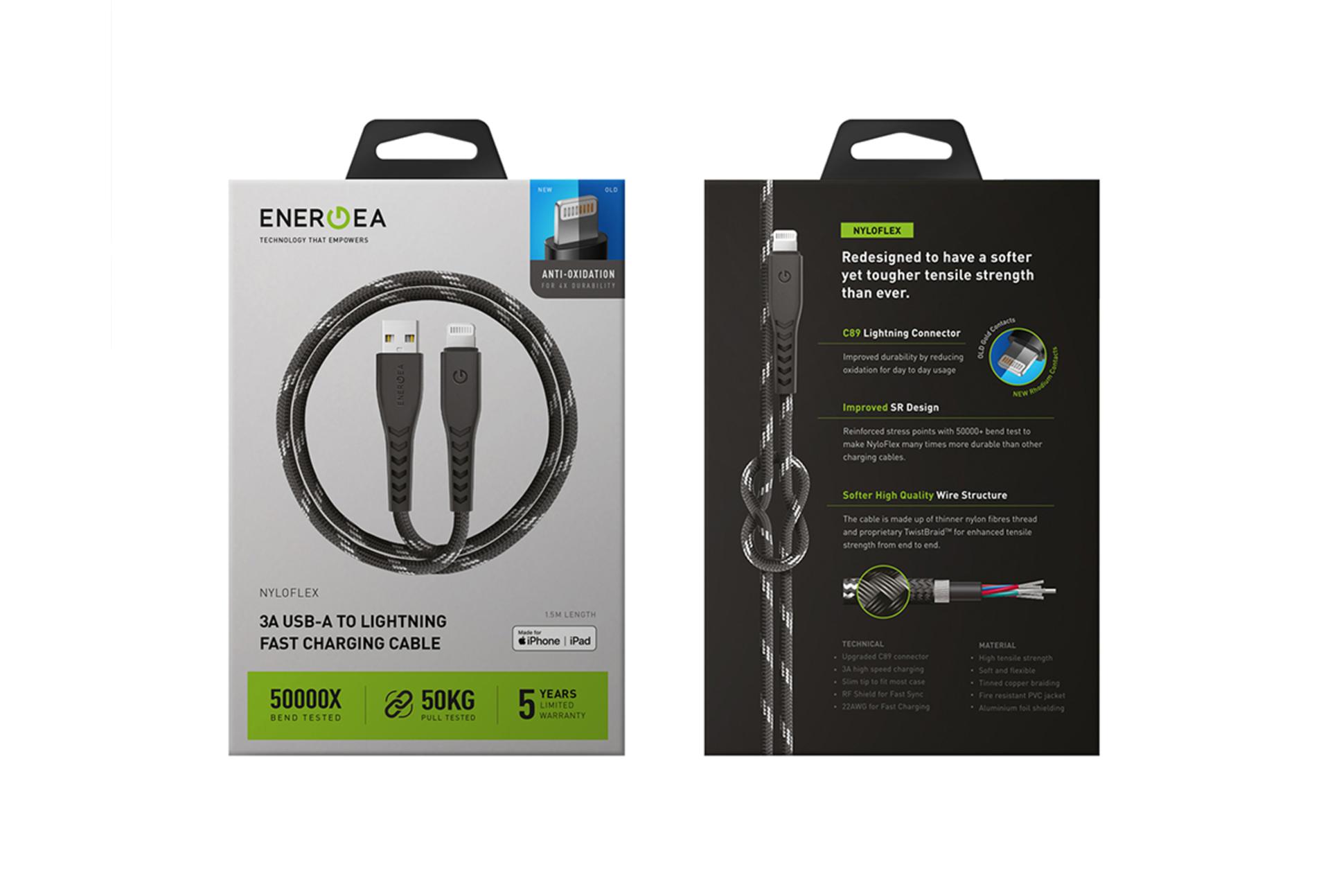 جعبه کابل شارژ USB انرجیا Type-C به Lightning مدل NyloFlex با طول 1.5 متر
