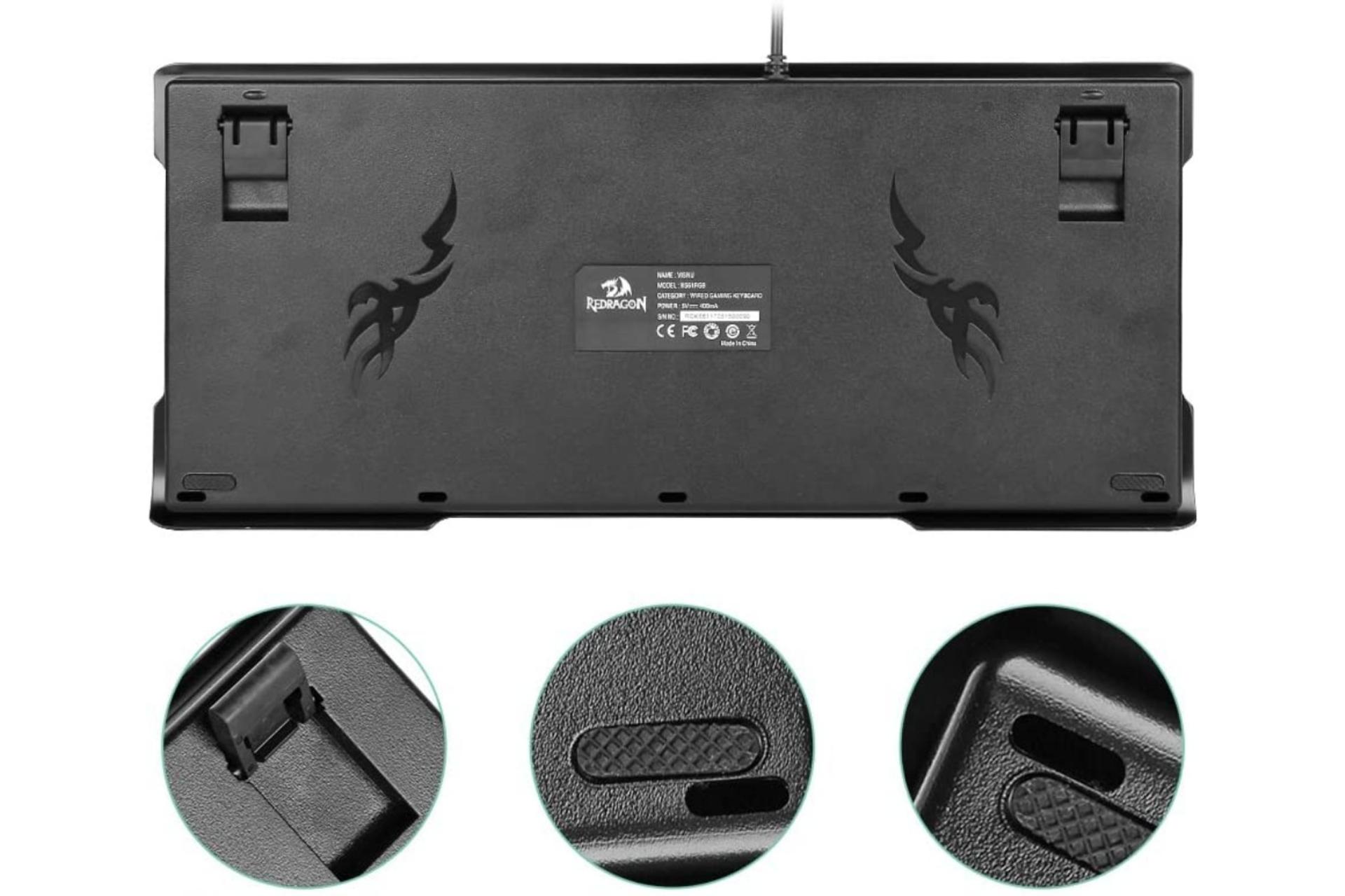 نمای پشت کیبورد Redragon K561 Visnu به همراه پایه های تنظیم ارتفاع و حفره خروج مایعات