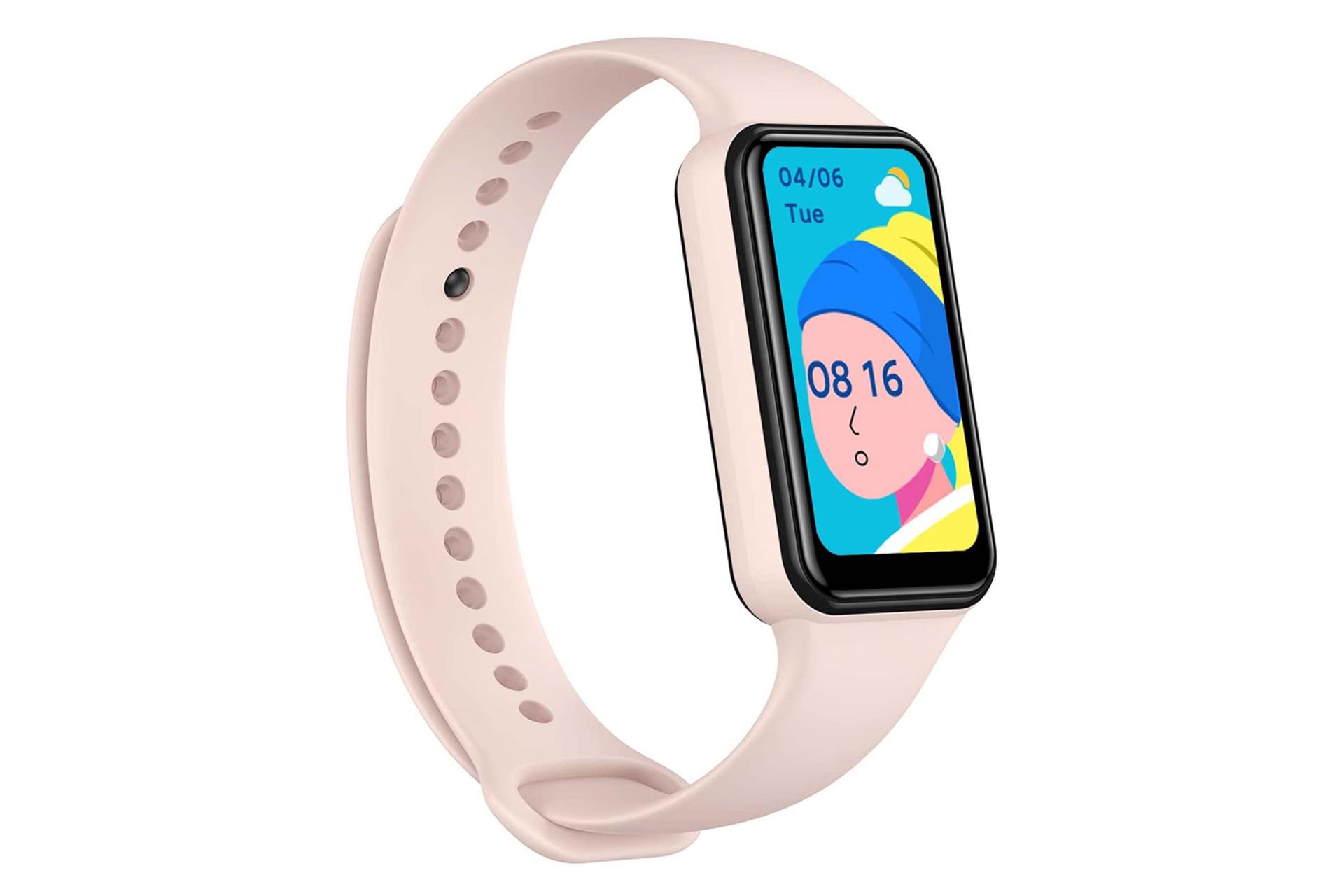 نمای نیمرخ چپ ساعت هوشمند Amazfit Band 7 رنگ صورتی