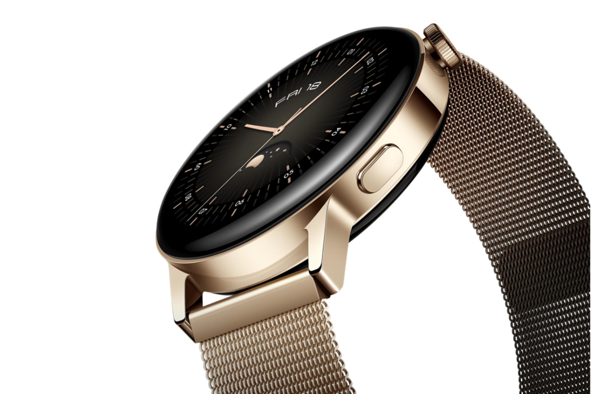 نمای کنار ساعت هوشمند هواوی جی تی 3 رنگ طلایی