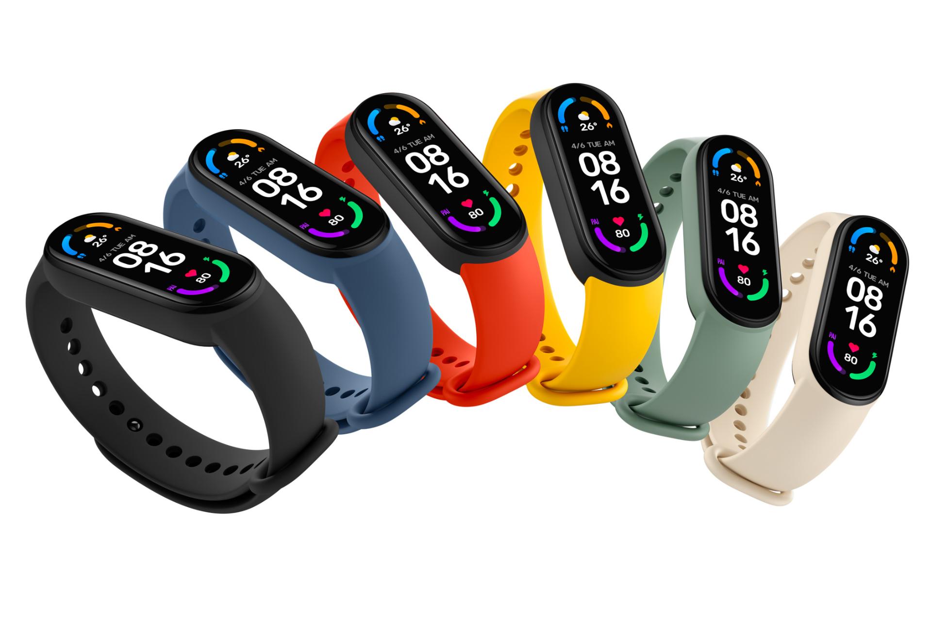 نمای جلو می بند 6 شیائومی رنگ مشکی، زرد، سبز، آبی، سفید و نارنجی