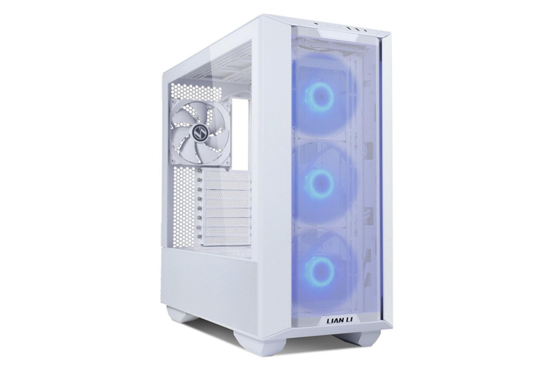 نمای نیم رخ جلو و پنل شیشه‌ای سمت چپ کیس کامپیوتر لیان لی Lancool III RGB رنگ سفید
