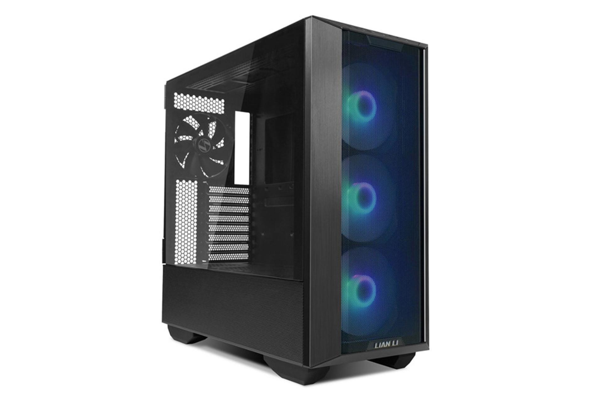 نمای نیم رخ جلو و پنل شیشه‌ای سمت چپ کیس کامپیوتر لیان لی Lancool III RGB رنگ مشکی