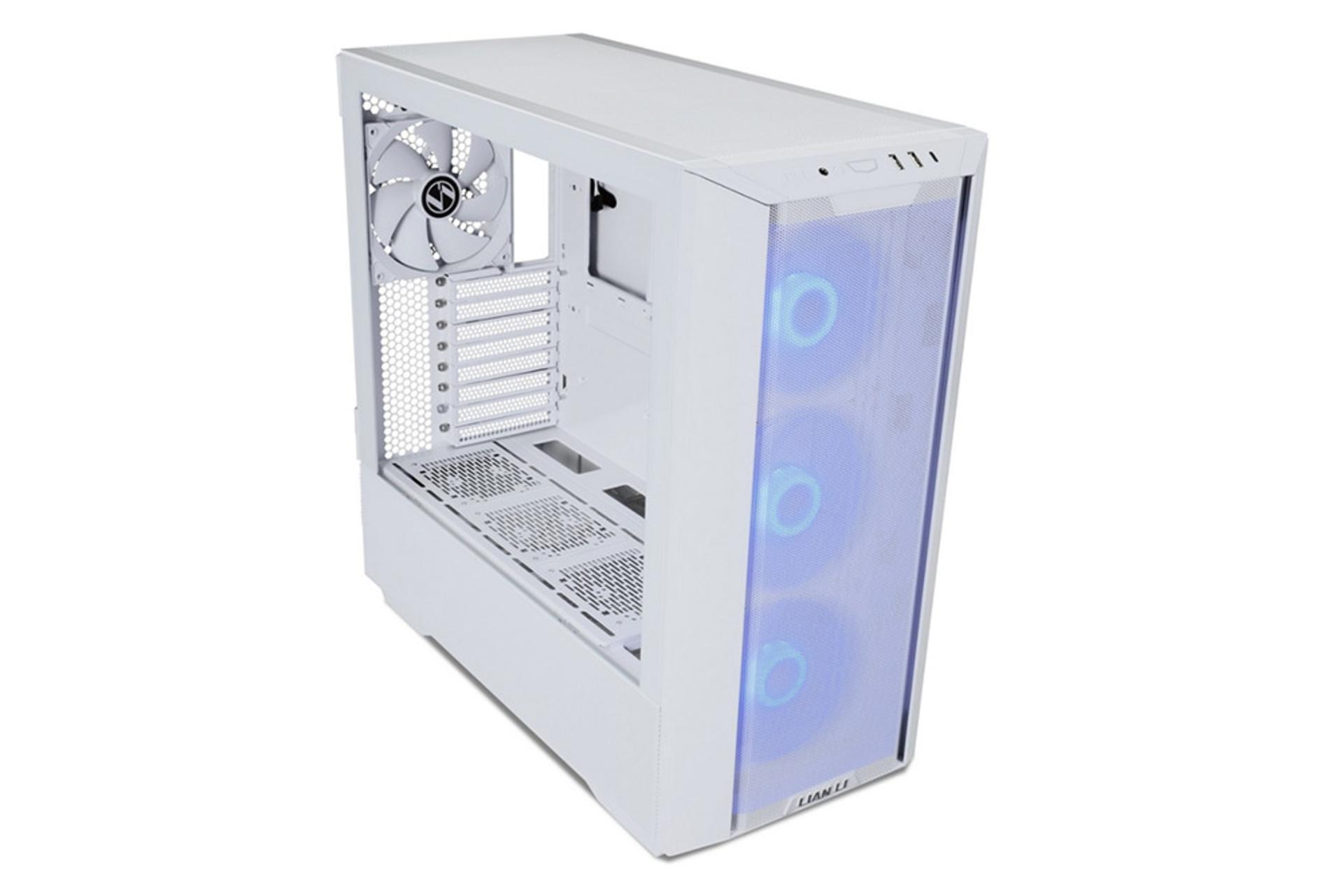 نمای نیم رخ جلو، بالا و سمت چپ کیس کامپیوتر لیان لی Lancool III RGB رنگ سفید