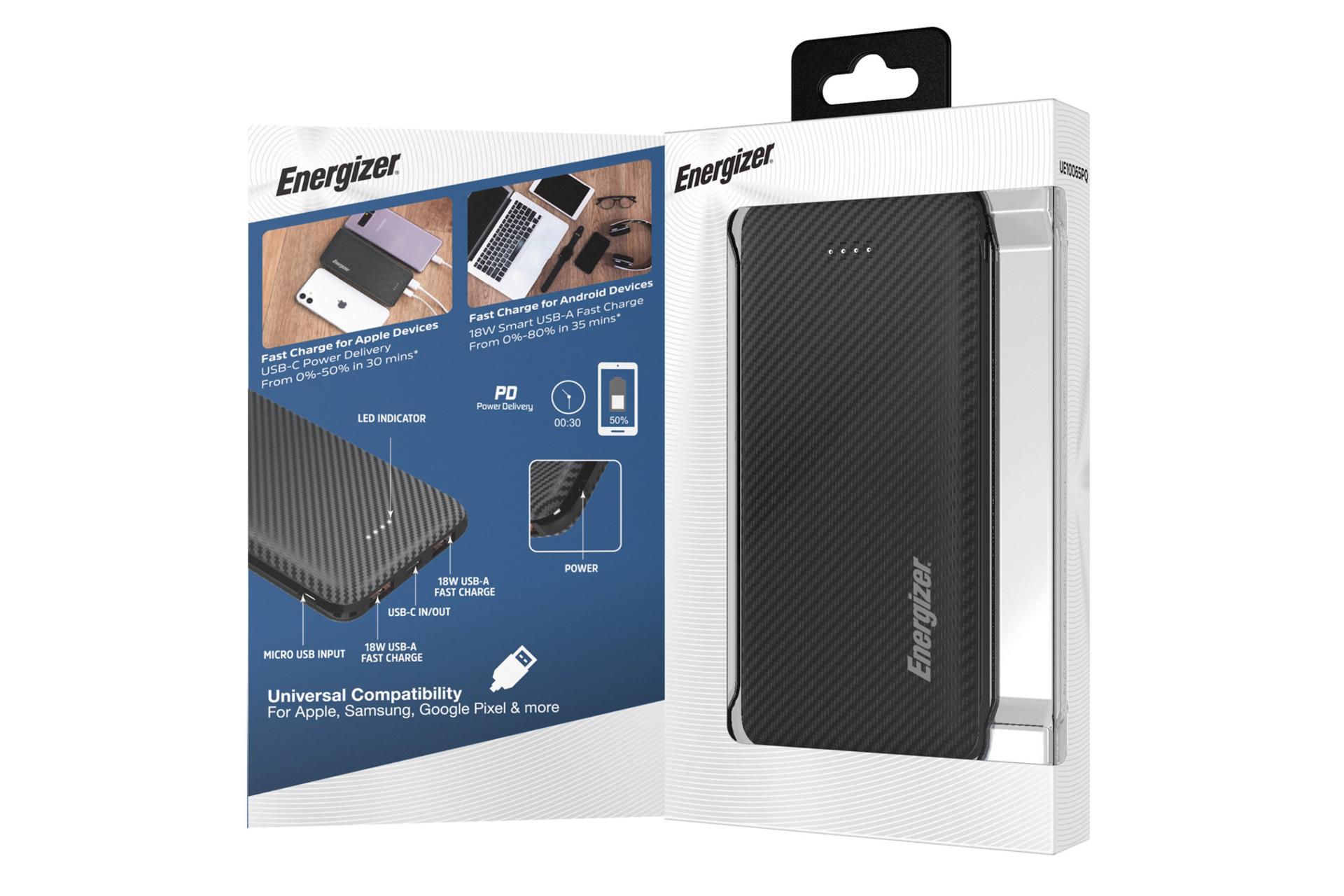 جعبه پاور بانک انرجایزر UE10065PQ با ظرفیت 10000 میلی‌آمپر ساعت