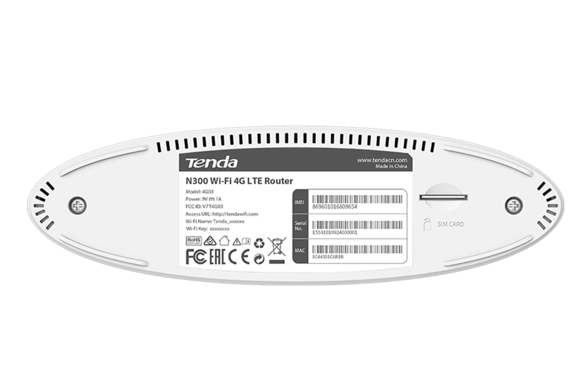 نمای زیرین مودم و روتر سیم‌ کارتی تندا Tenda 4G03