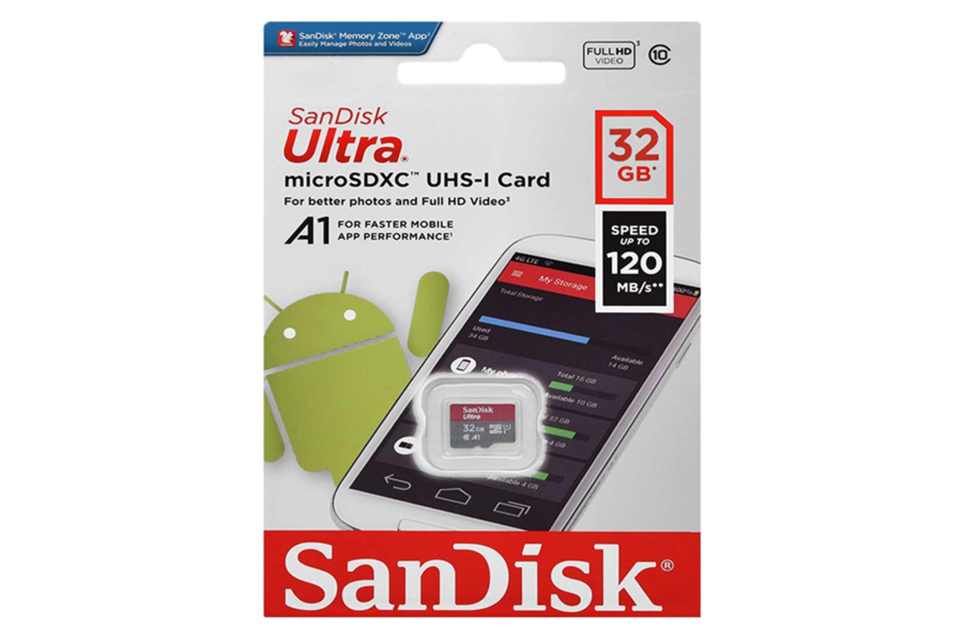 جعبه کارت حافظه سن دیسک microSDHC با ظرفیت 32 گیگابایت مدل Ultra A1