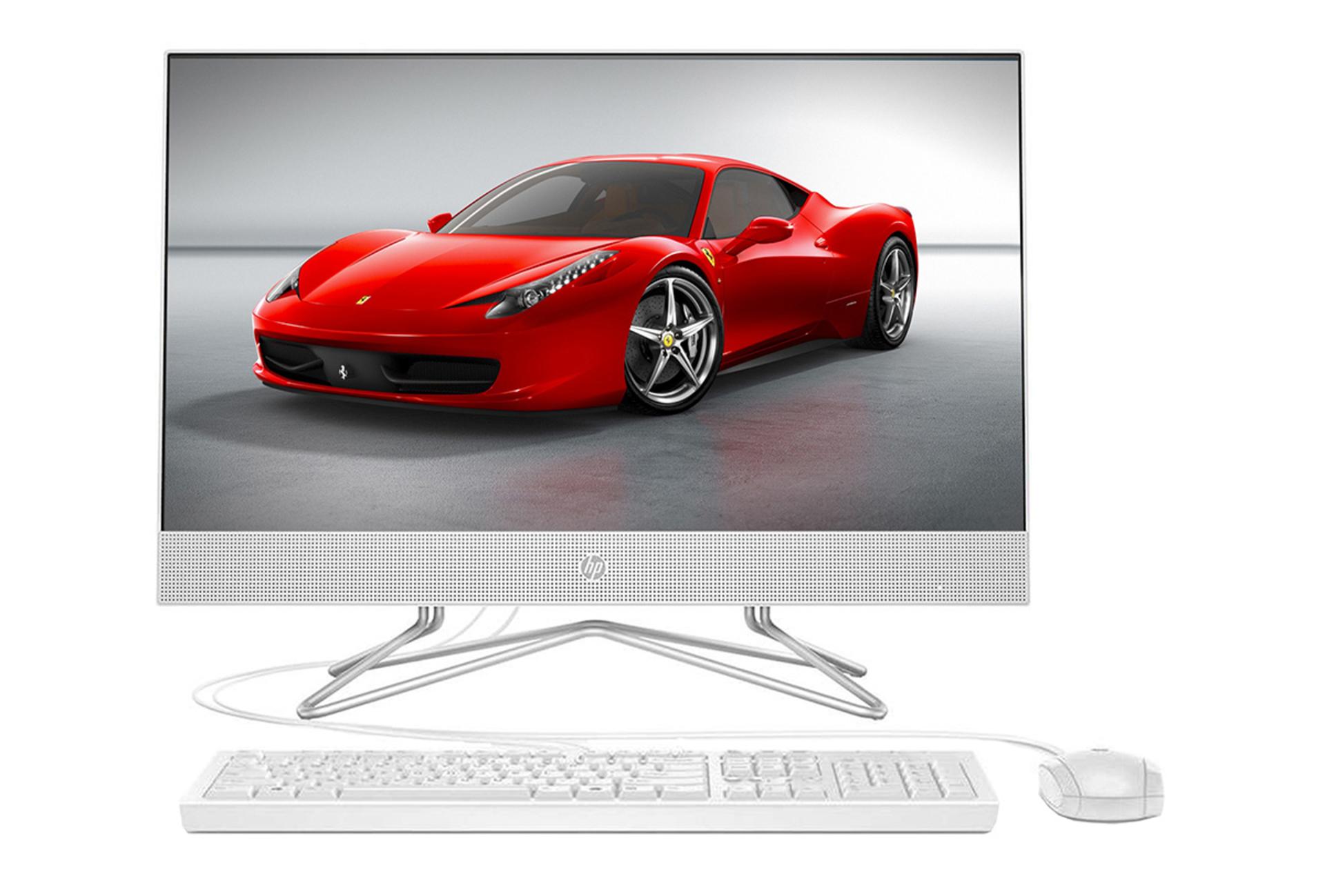 نمای روبه‌رو کامپیوتر آل این وان All in one HP 200 G4 با صفحه نمایش روشن و نمایش ماوس و کیبورد رنگ سفید