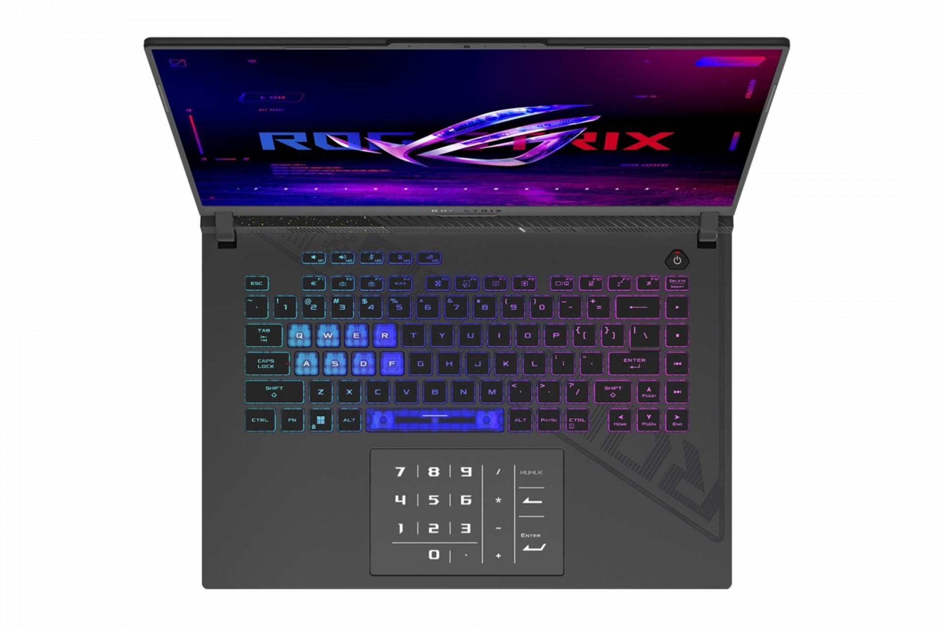 نمای بالای لپ تاپ ایسوس ASUS ROG Strix G16 G614JV و نمایش ترک‌پد و نورپردازی کیبورد